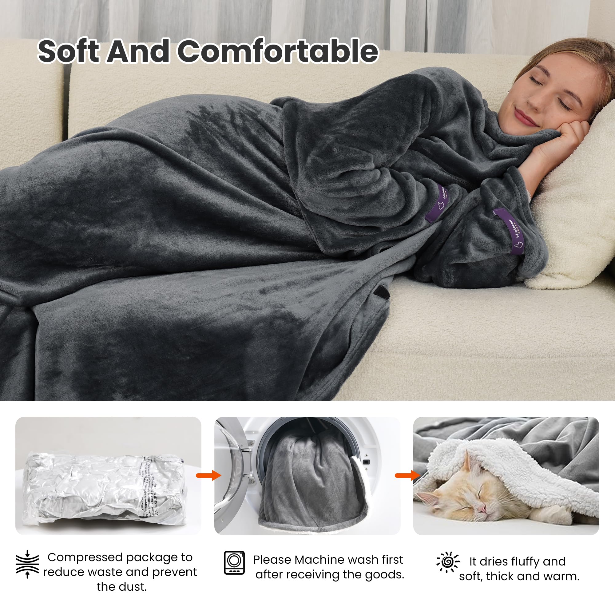 Amazon.com: Winthome Wearable Blanket with Sleeves for Adults Women Men,  Soft and Warm TV Wrap Throw Blanket with Elastic Cuffs, Hook and Loop  Fastener (Grey,55.1X78.7) : Home u0026 Kitchen