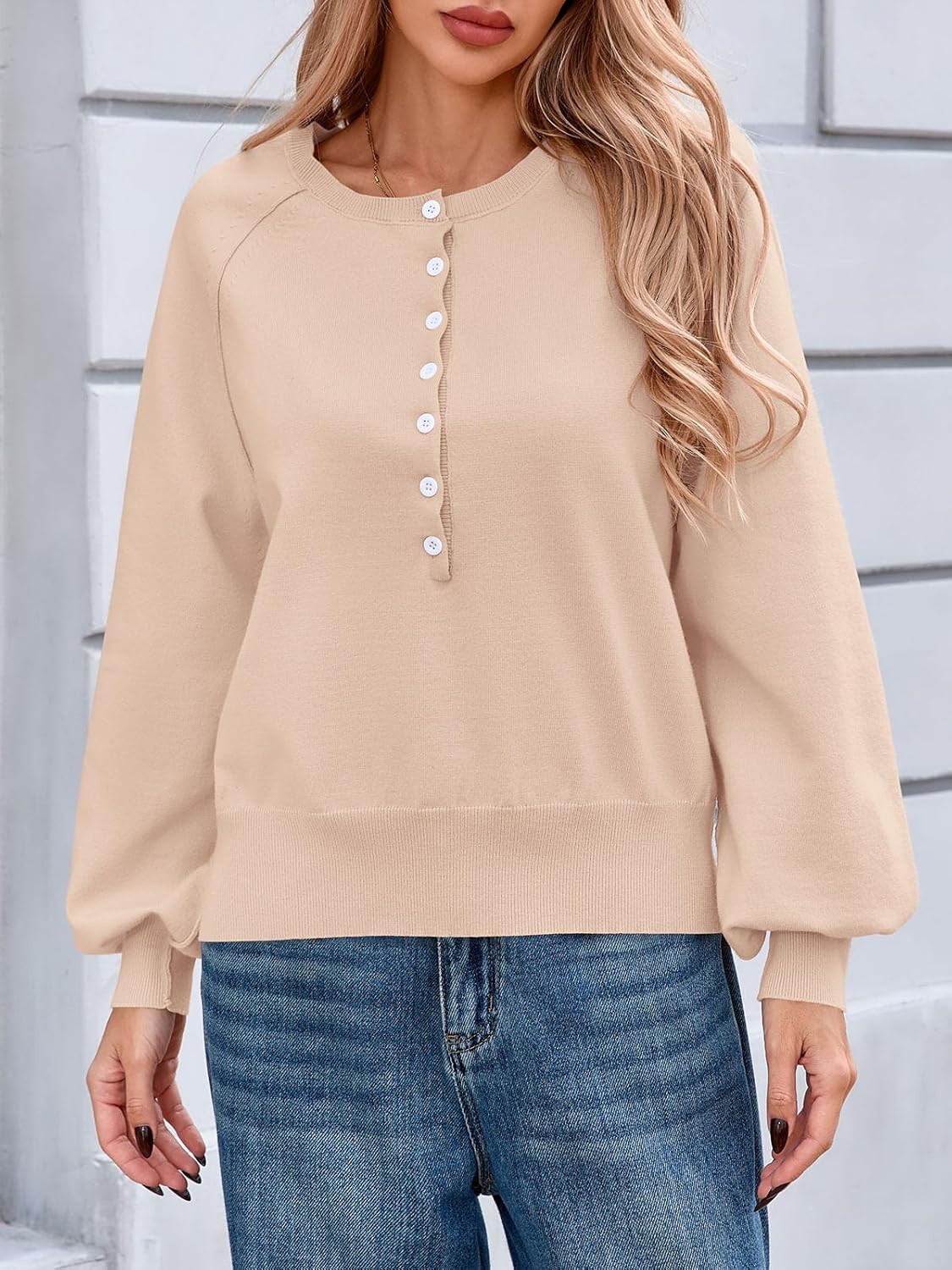 Henley Pullover Sweaters for Women Spring Button Long Sleeve Dressy Casual Loose Cozy Knit Tops Trendy Outfits - Image 5
