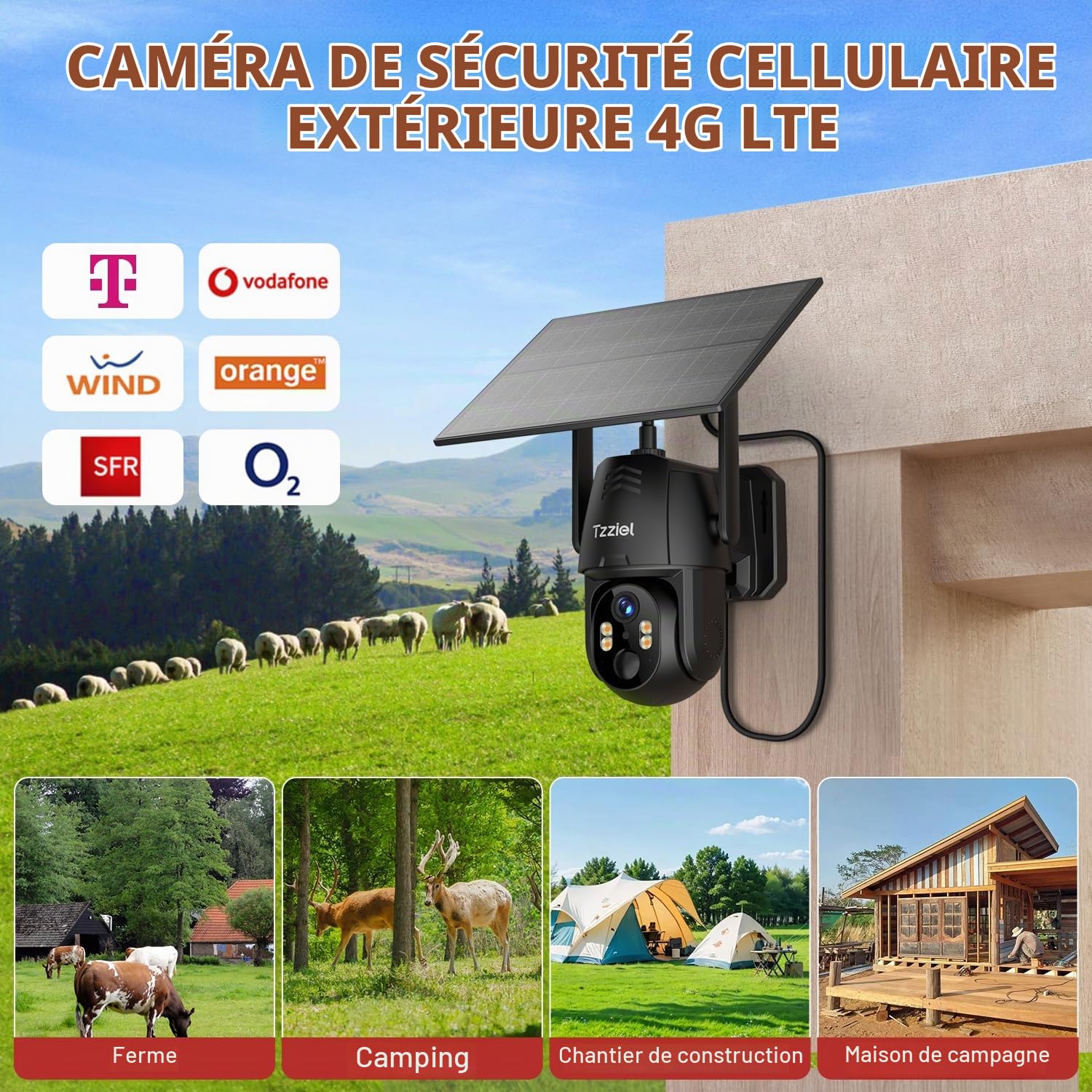 4G LTE caméra de sécurité extérieure sans Fil à énergie Solaire,2K Solaire PTZ 4G avec Carte SIM（sans WiFi）, Détection Humaine PIR, , Batterie 10400 mAh, Cloud TF, Audio Bidirectionnel, Etanche IP66