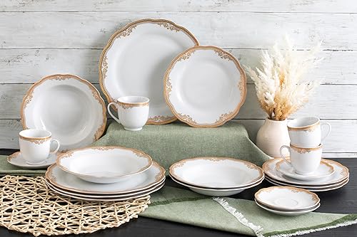 Miniatura 2 de Royalty Porcelain Juego de vajilla de 20 piezas con adorno floral dorado porcelana de hueso
