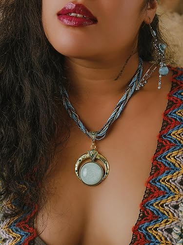 Miniatura 4 de MINACHI Multilayer Beads Chain Necklace, Turquoise-Toned Stone Pendant, Vintage Hippie Retro Bohemia Style, Fashion Jewelry for Women