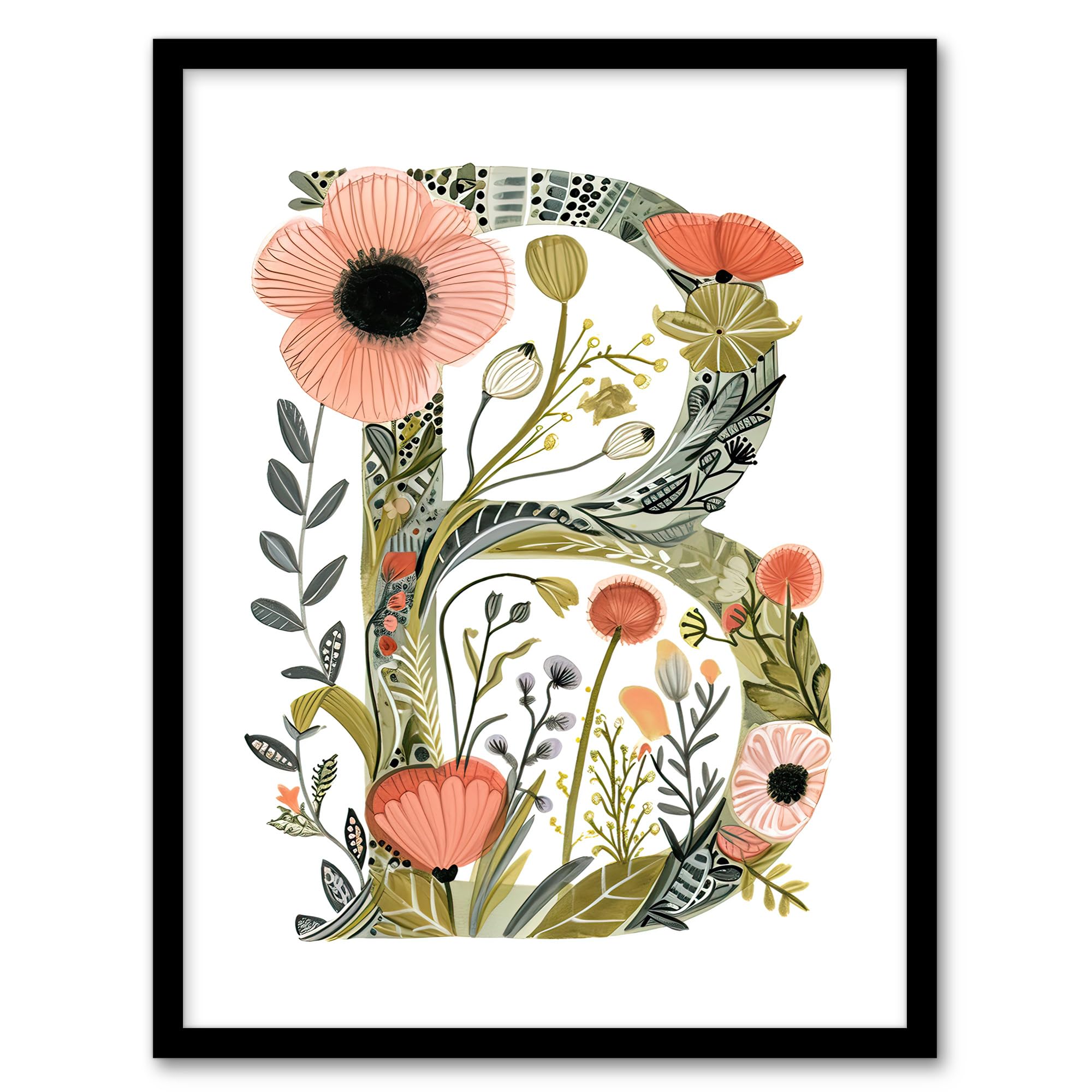 Artery8 Letter B in Wildflowers Watercolour Poppies Floral Word Art For Her Birthday Mum Wife Woman Friend Artwork Framed Wall Art Print A4