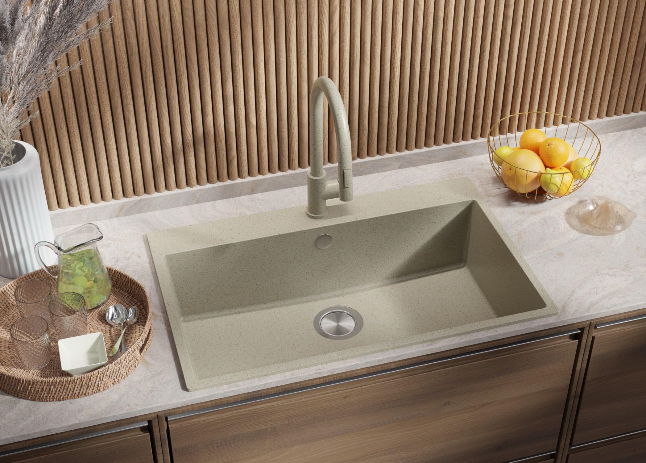 PRIMAGRAN Evier Cuisine en Granit Tout Beige 78x50cm, Lavabo 1 bac + Robinet 40x20cm + Kit de Vidage, Évier à Encastrer au Meuble 80cm - Riga S420