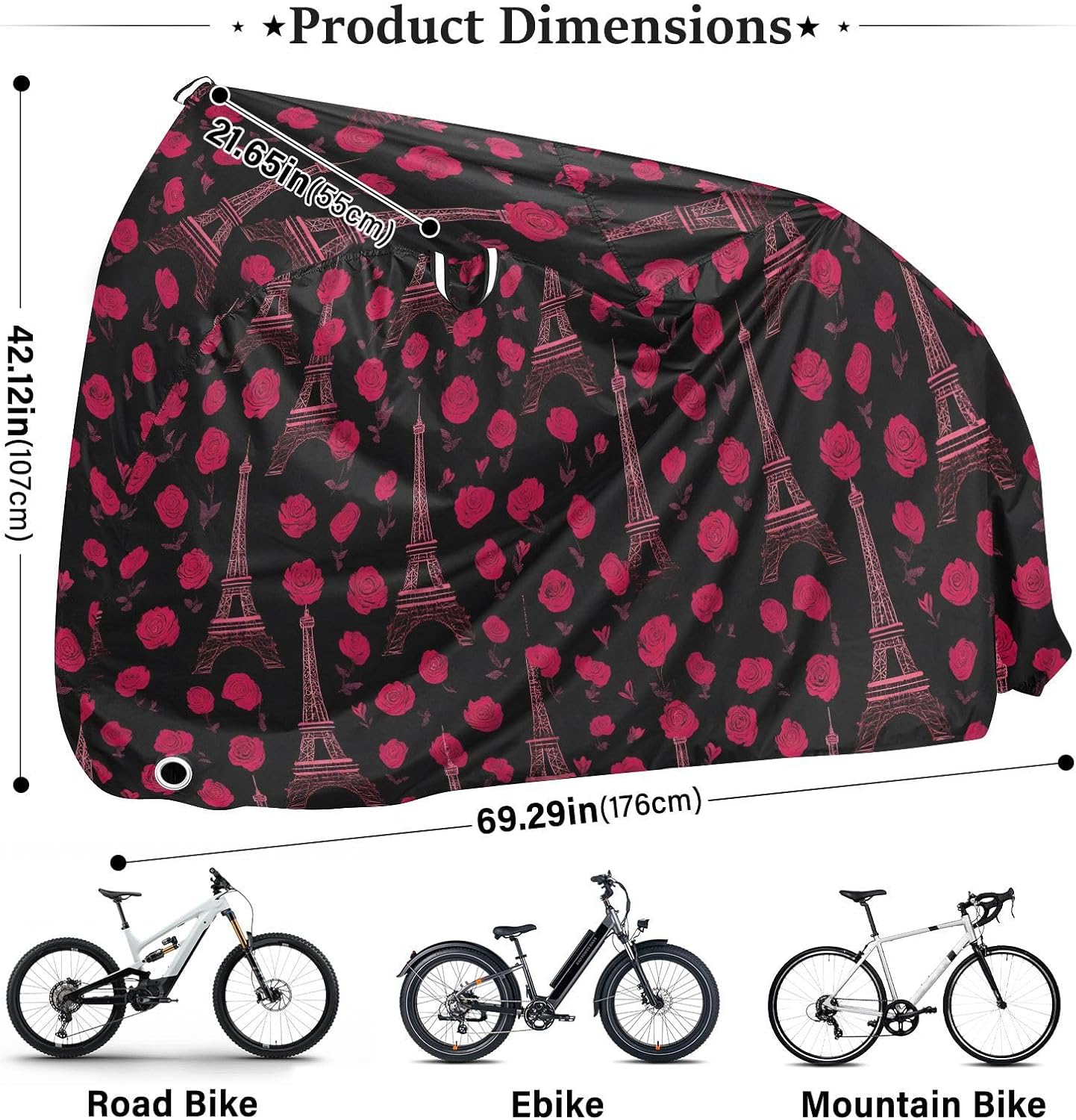 ALAZA Eiffel Tower Red Rose Bike Cover Waterproof Outdoor Ebike Bicycle Covers Tarp Protection for 1/2 Bikes, Sun UV Dust Wind Proof