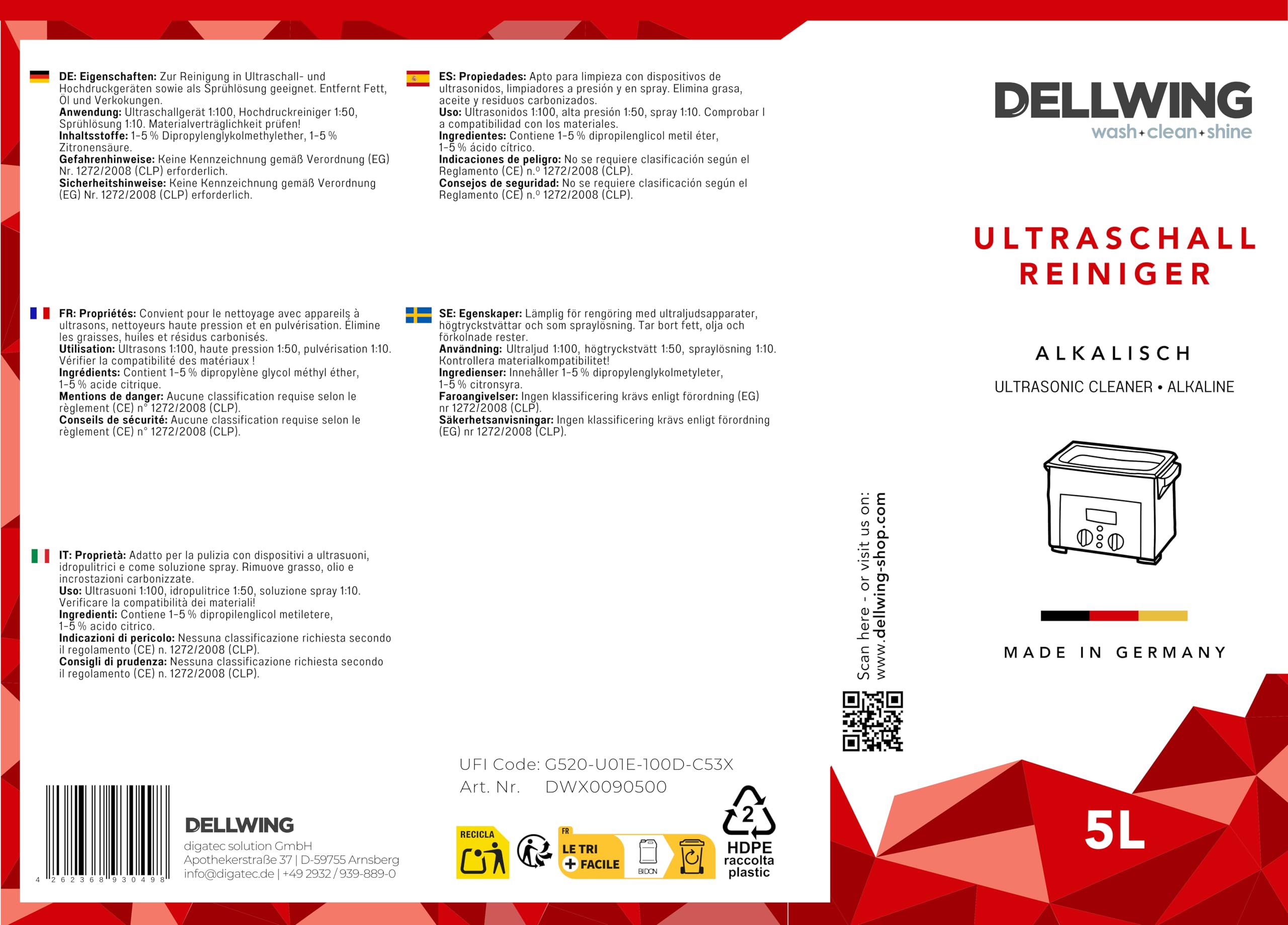 Dellwing Ultraschallreiniger 5 l, alkalisches Reinigungsmittel für Autoteile, Vergaser-Reiniger,Made in Germany | alkalisches Reinigungs Konzentrat für Autoteile, Vergaser, Zylinderköpfe, Injektoren und Einspritzdüsen, Made in Germany