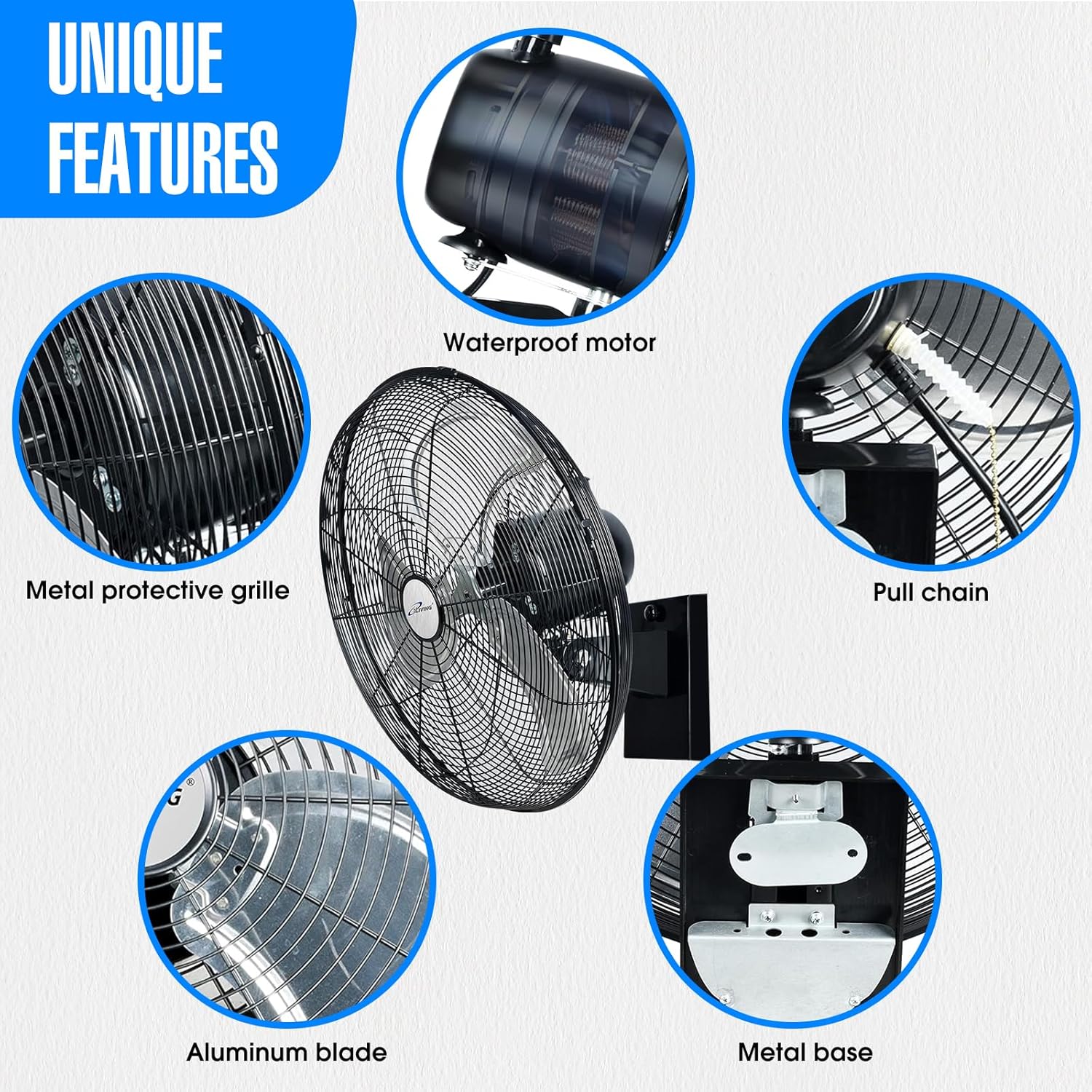 iLiving 18" Outdoor Oscillating High Velocity Wall Fan with 4150 CFM Heavy Duty Weatherproof Motor, Variable Speed Adjustment for Workshop, Garage, Patios, Commercial and industrial, 18 inch,Black