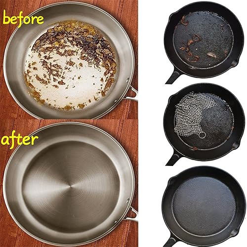 Miniatura 5 de Limpiador de hierro fundido de 8 x 6 pulgadas, depurador de cadena de acero inoxidable 316L de alta calidad para wok de hierro fundido, sartén,