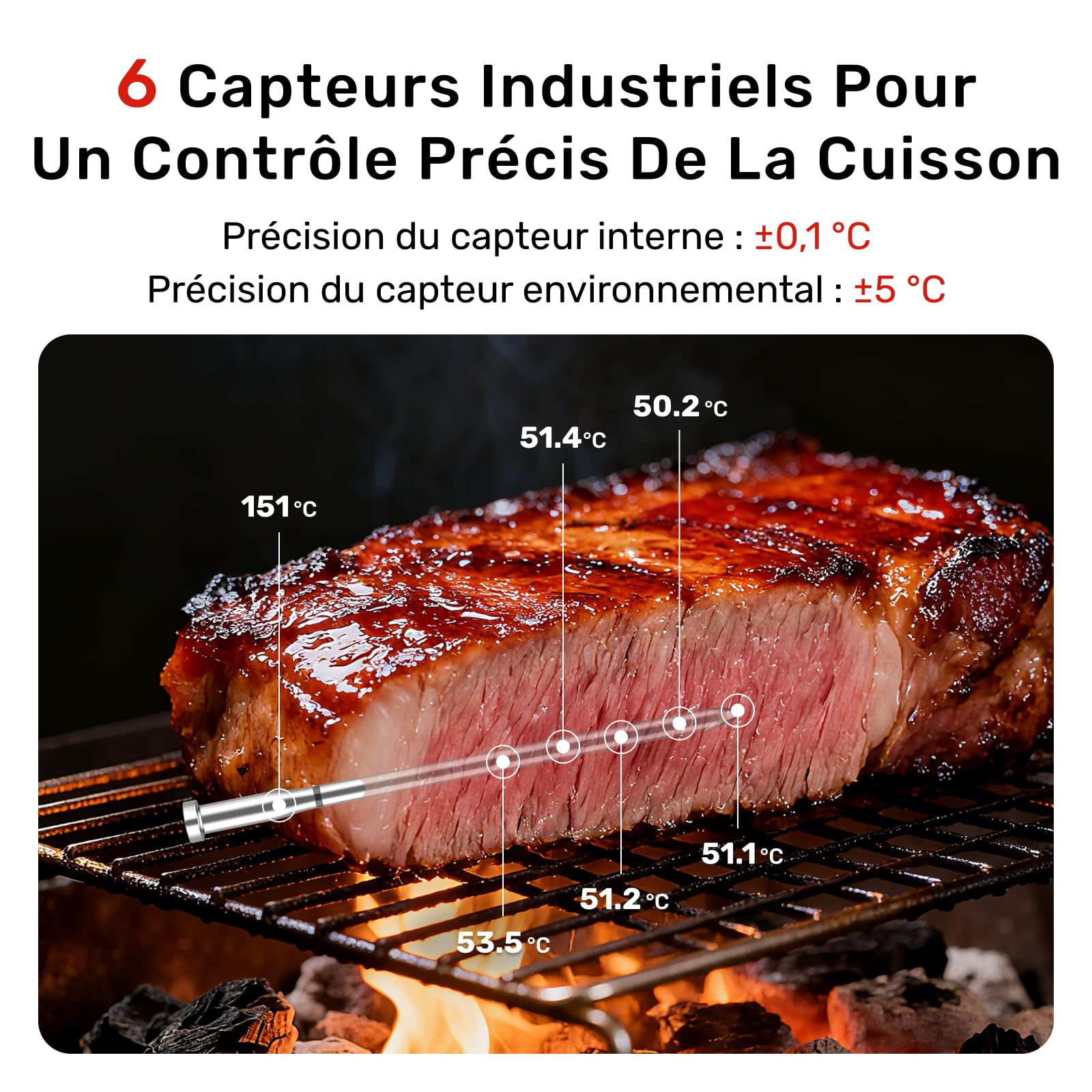 X Pro Thermomètre à Viande Intelligent Bluetooth et WiFi, 2 Sondes 6 Capteurs, Grand Écran LED, Étanche IP69​, résistant à la chaleur jusqu'à 582°C, pour cuisine et barbecue