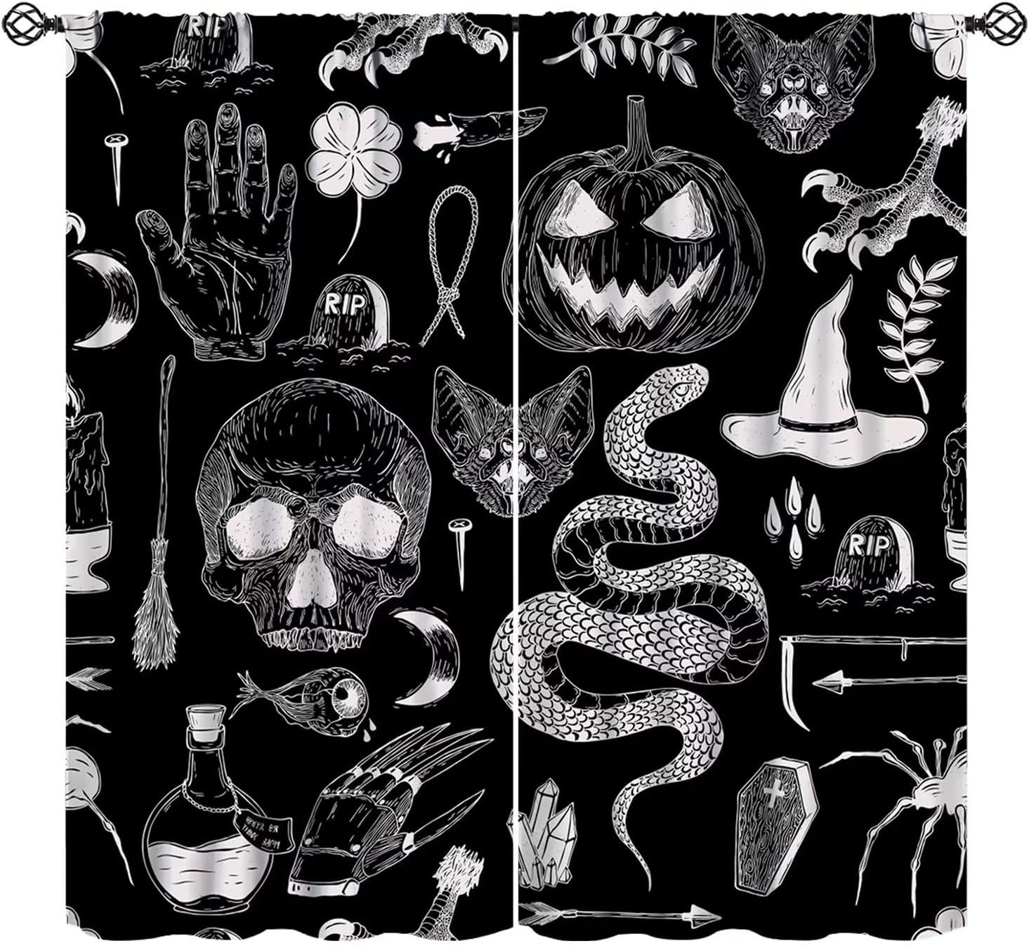 jestronry halloween spooky curtains, magic witch pumpkin horror skull spooky boho style window treatments curtains for living room bedroom halloween decor 42x45in 42"w x 45"l (pack of 2) halloween witch-7