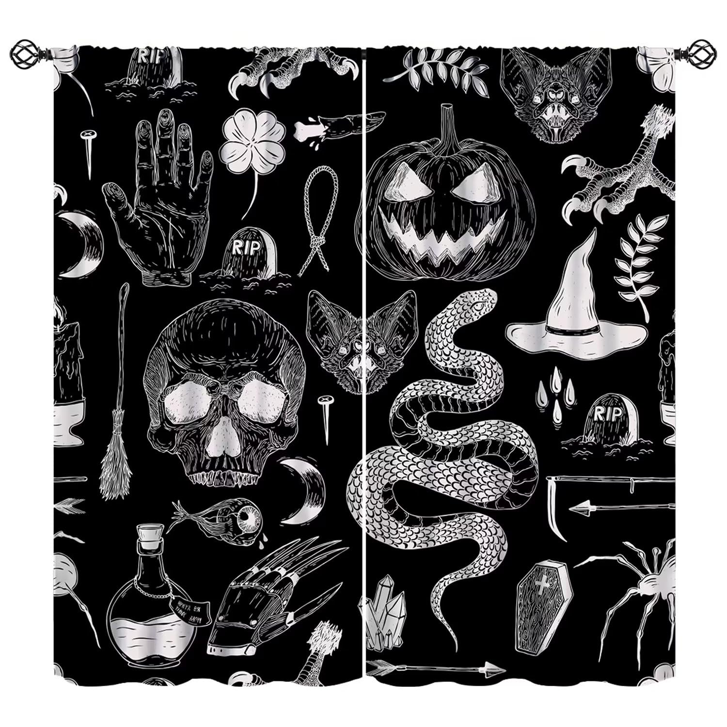 JESTRONRY Halloween Spooky Curtains, Magic Witch Pumpkin Horror Skull Spooky Boho Style Window Treatments Curtains for Living Room Bedroom Halloween Decor 84x84in