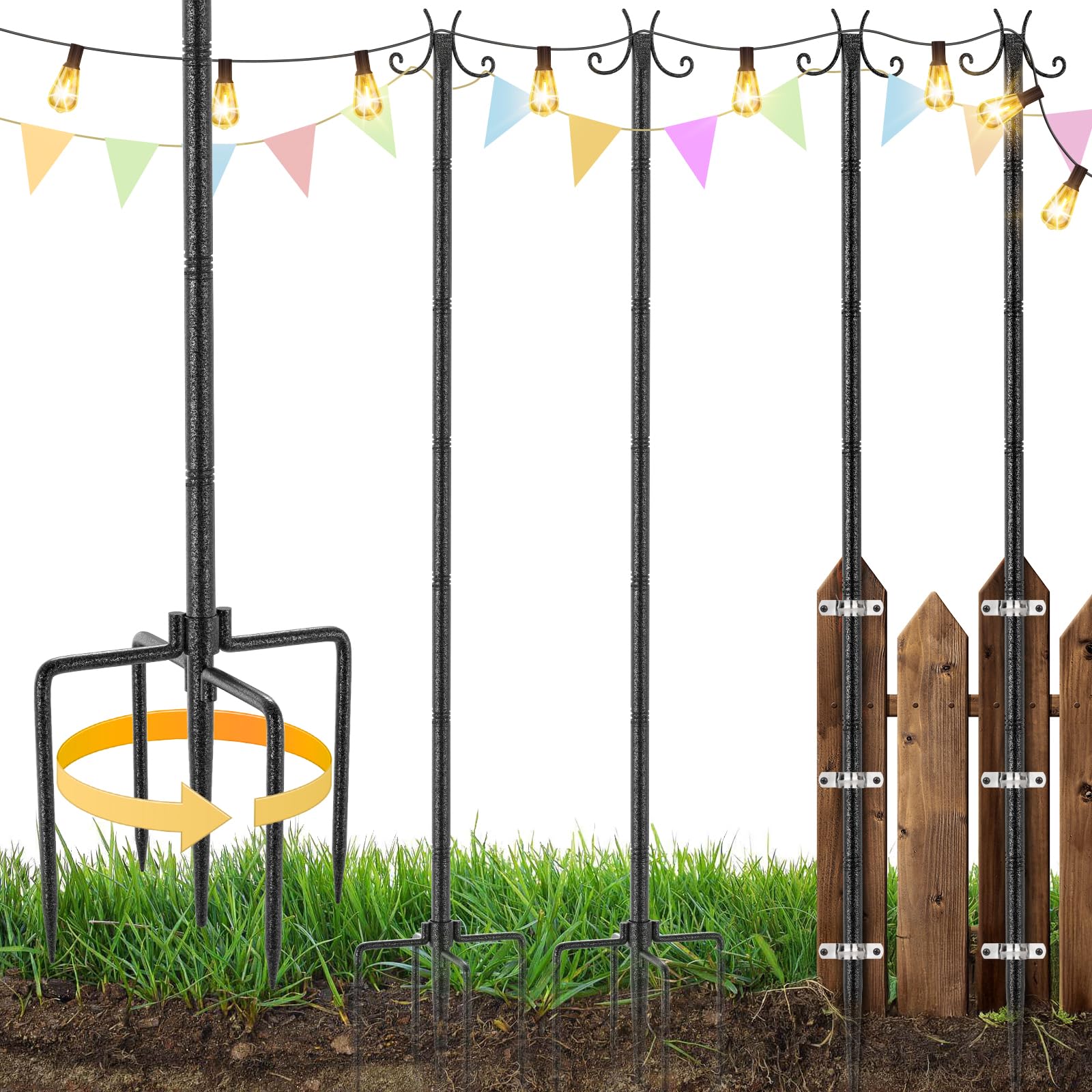 Lot de 2 crochets de jardin avec crochets de 305 cm en métal avec finition martelée, support de lanterne réglable en hauteur pour guirlandes lumineuses, lanternes, paniers à plantes, lampes solaires
