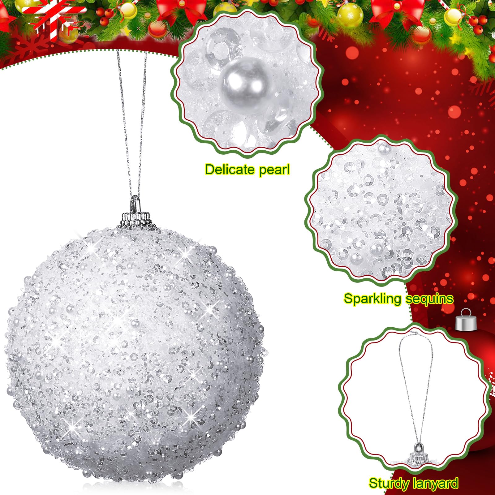 BBTO Lot de 8 boules de Noël blanches à paillettes à suspendre pour sapin de Noël, mariage, fête, décoration d'intérieur de 10,2 cm