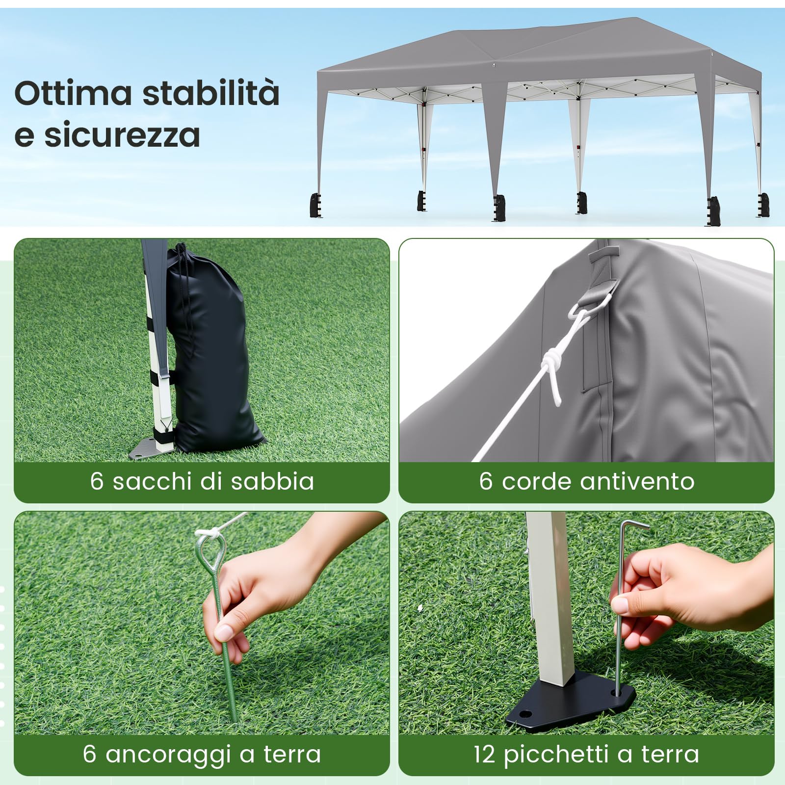 COSTWAY 3x5,9 m Gazebo da Giardino Pieghevole, Regolabile in Altezza, Gazebo Esterno Impermeabile Antivento con Borsa a Rotelle, Montaggio Veloce, Tendone per Feste, Mercati e Matrimoni (Grigio)