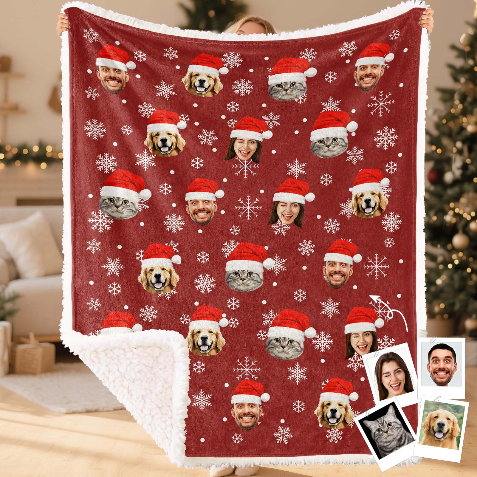 Bemaystar Personalised 1-4 Faces Christmas Blanket, Personalised Blanket for Xmas, Photo Blankets with Text (Optional), Customised Christmas Blankets, Sherpa&Flannel, Xmas Gifts for Family Kid Friend