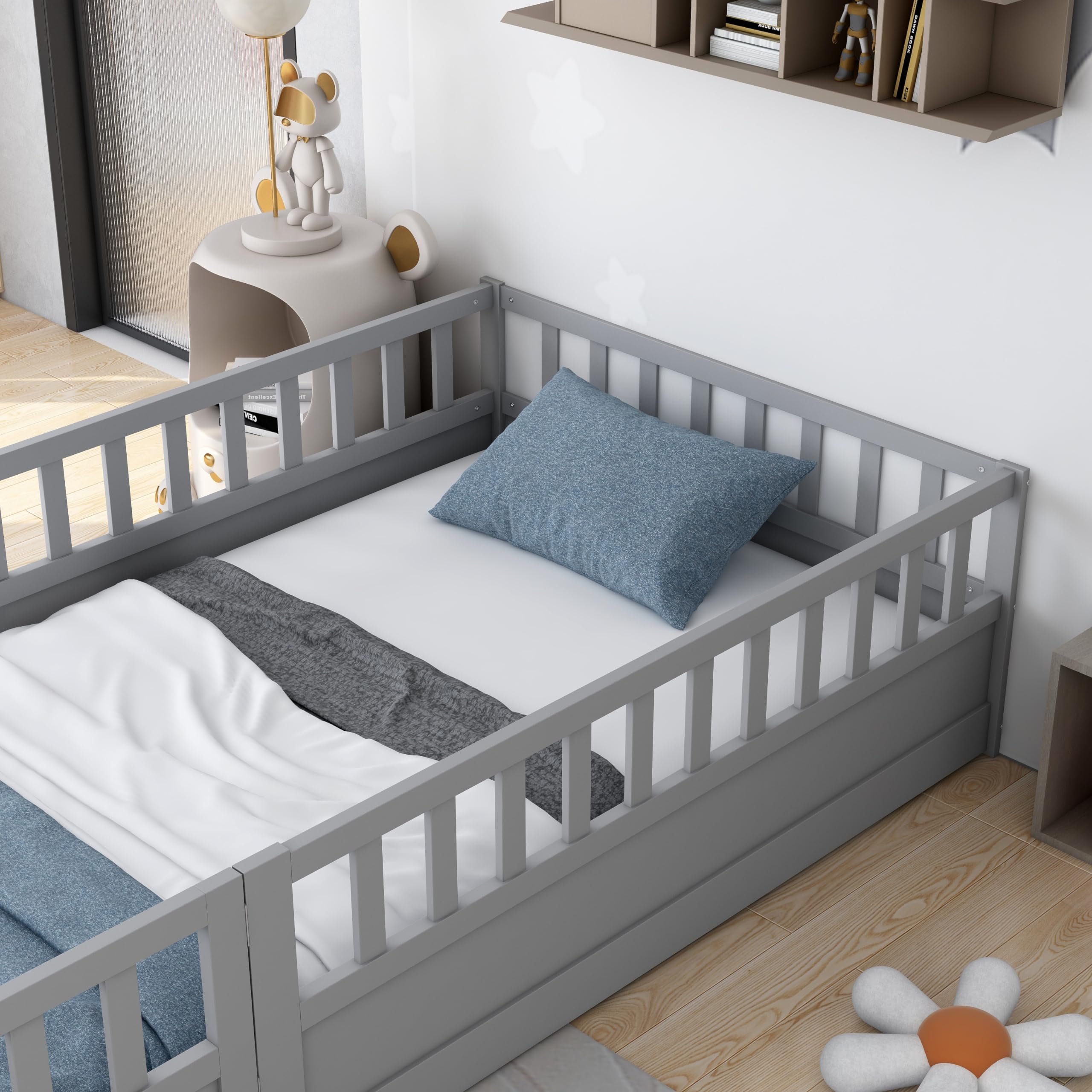 Twin Size Floor Bed with Door, Kids Bed Twin Size, Montessori Bedframe No Box Spring Needed, Bedroom Furniture for Boys, Girls, Easy Assembly (Grey, Twin)