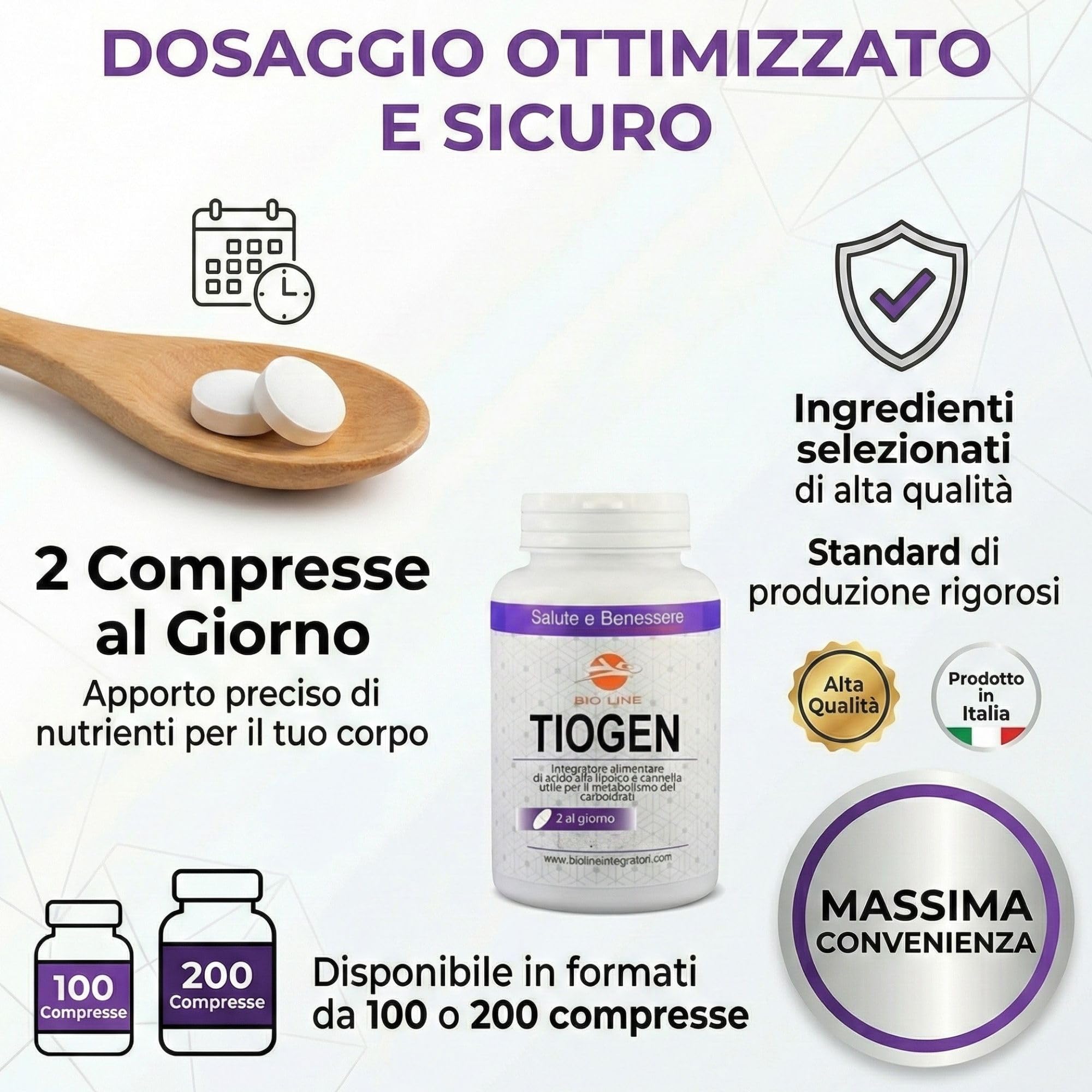 TIOGEN - Integratore Alimentare di Acido Alfa Lipoico 600 mg, Cromo Picolinato e Cannella (200 Compresse), Utile per il Metabolismo dei Carboidrati, Integratori Alimentari