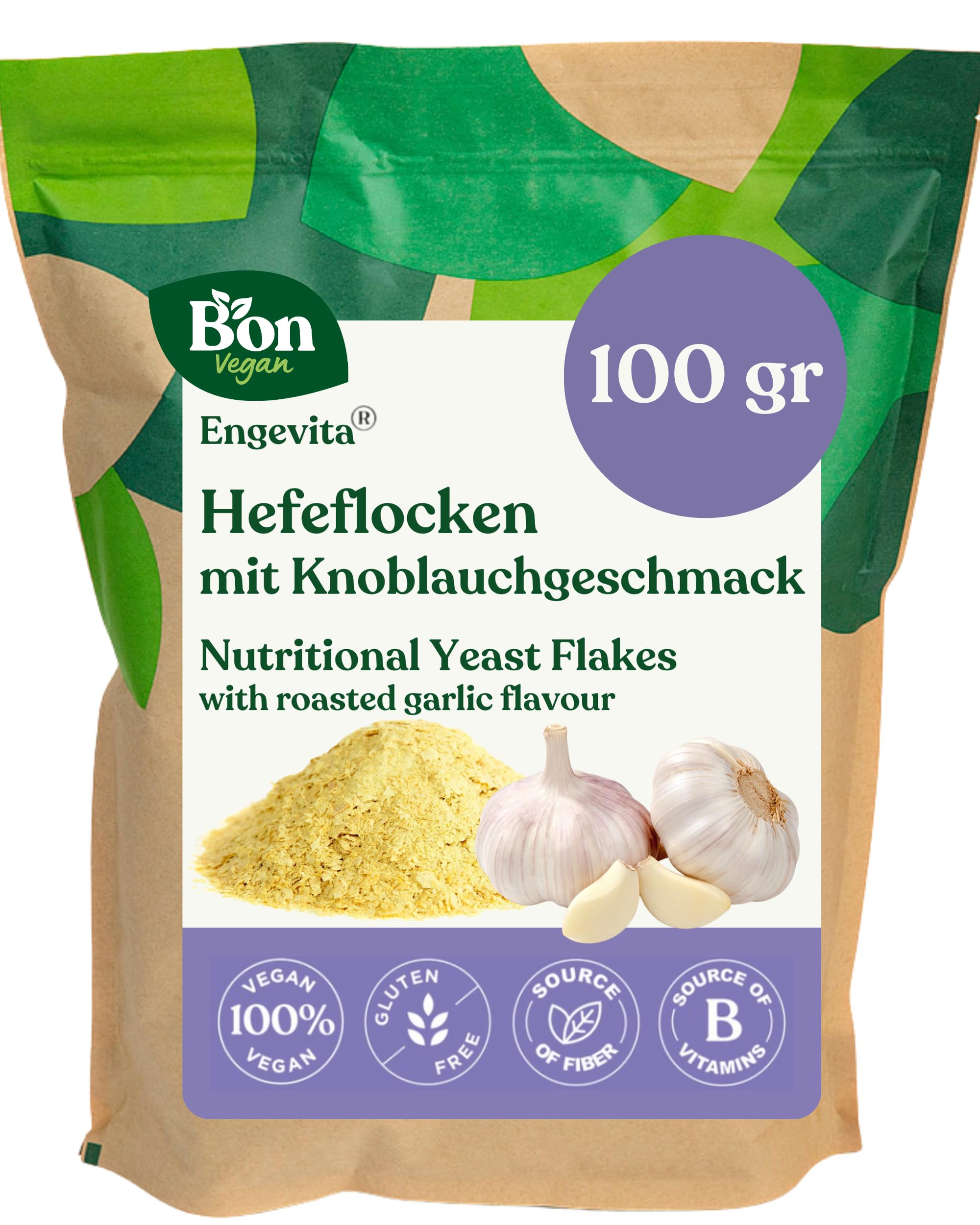 Engevita Hefeflocken mit Knoblauchgeschmack | Nutritional Yeast Flakes | Veganer Glutenfrei Käseersatz | Gentechnikfrei | Inaktive Nährhefe Flocken von Bon Vegan - 100 gr