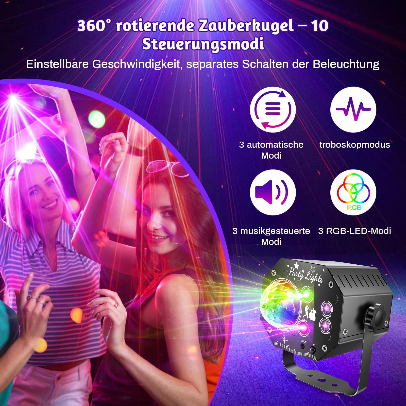 Nauotk 5 in 1 Discolicht Partylicht, Musikgesteuert Disco Licht mit Fernbedienung, 360° Drehung Discokugel licht mit Stroboskop, UV Schwarzlicht, Sprachsteuerte DJ Partylichter