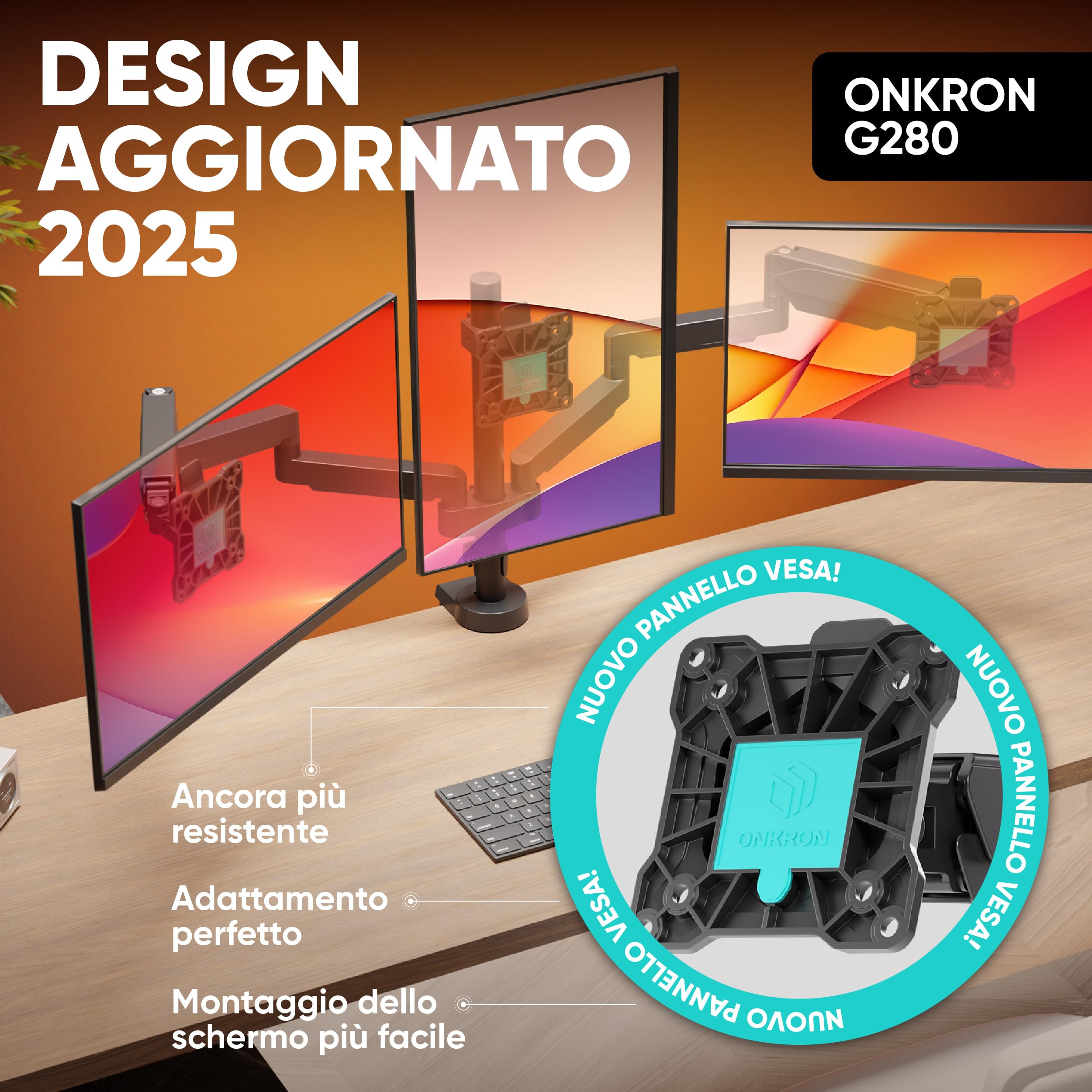 ONKRON Supporto Monitor Scrivania per 3 Schermi 13-32 pollici, Carico totale 24 kg, Braccio Monitor VESA 75x75-100x100 mm, Supporto Schermo PC Scrivania Girevole, Inclinabile, Nero G280-B