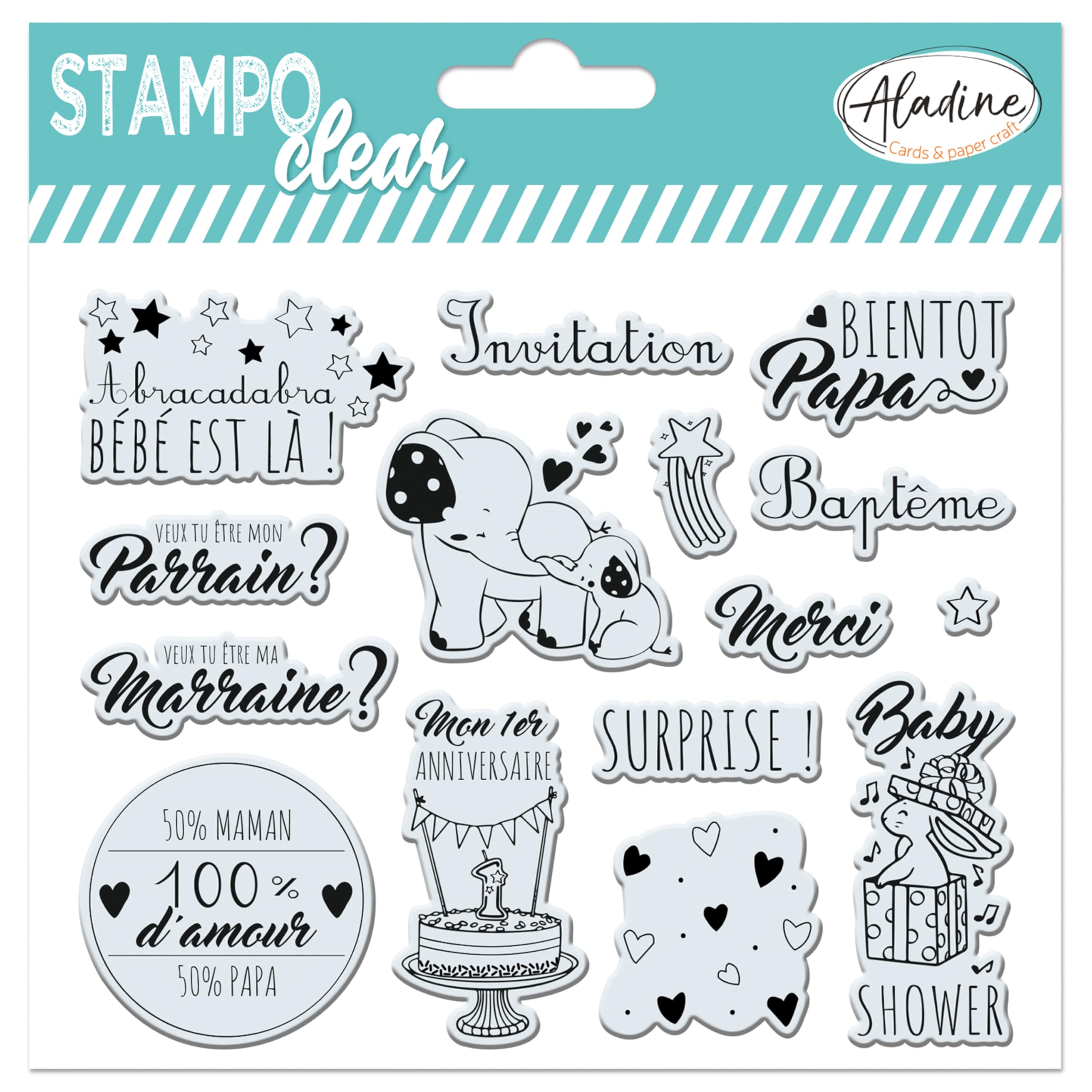 Aladine - Stampo Clear Baby - 15 Clear Stamps for Scrapbooking, Carding, Craft - Invitation, Godfather, Godmother, Announcement, Announcement, Christening, Baby Shower, Birthday - 04240