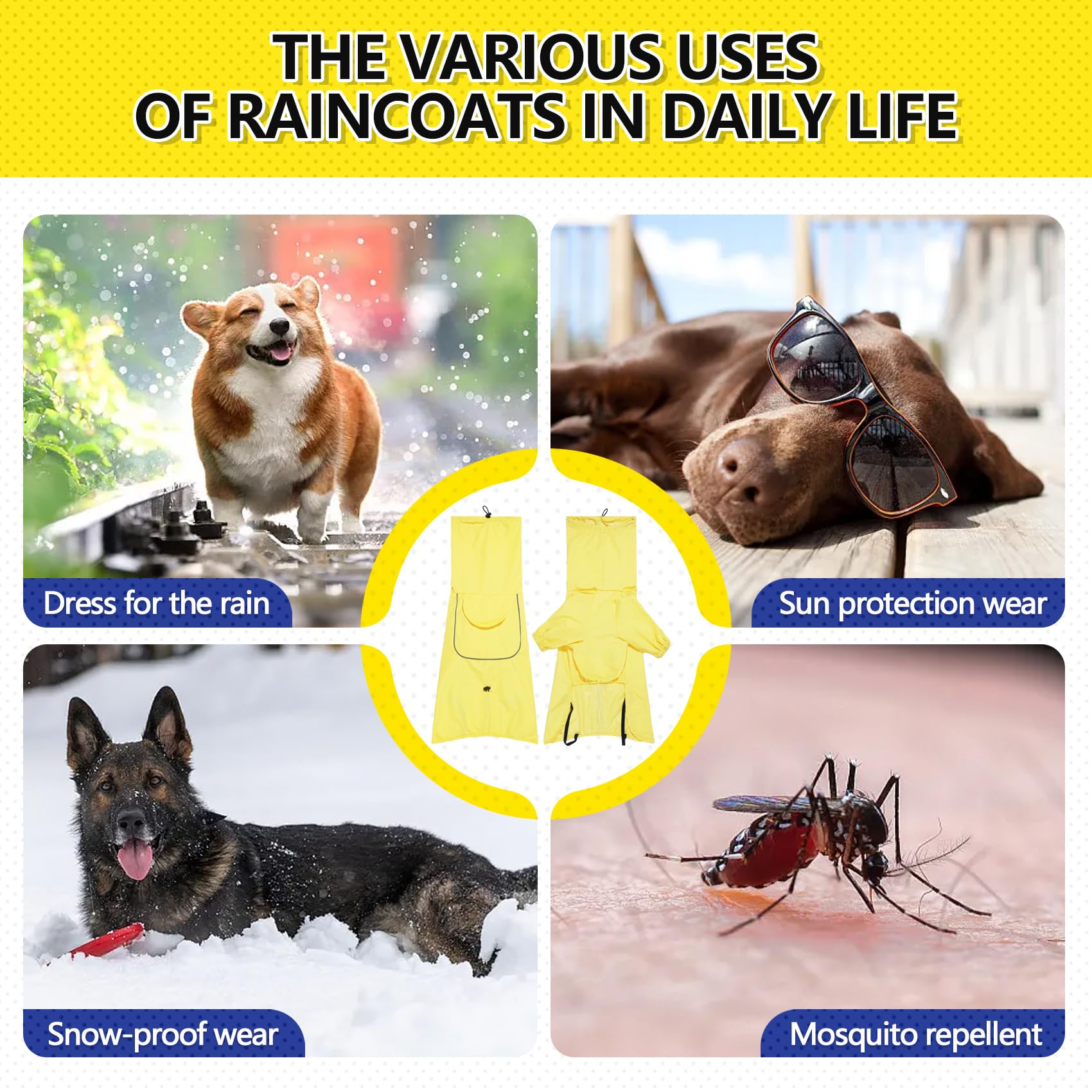 Hunde-Regenmantel mit Kapuze, wasserdicht, winddicht, verstellbar, mit Loch für die Leine und reflektierenden Trägern, leichte Welpen-Regenjacke für kleine bis große Hunde, Gelb, Größe XL