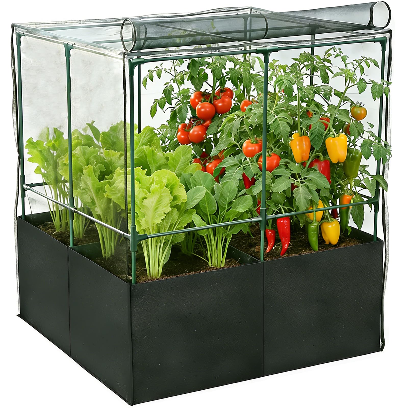 Large Fabric Plant Grow Bag Set,90x90CM 4-Grid Nonwoven Breathable Planter with Net Cover & Metal Frame,Thickened Breathable Root Aeration Garden Growing Bags for Vegetables,Flowers & Fruits