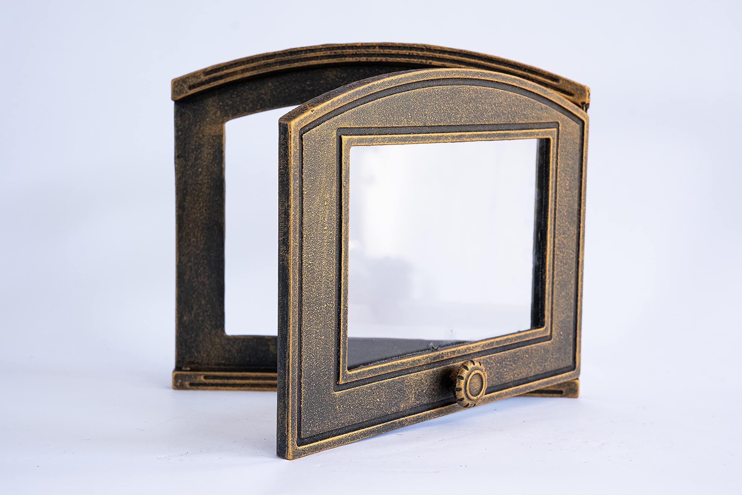 SEZAM Backofentür aus Gusseisen mit hitzebeständiger Glasscheibe, nach rechts öffnend, Pizzaofentür - Brotofen - Steinofentür, 37 x 6 x 31,5 cm - halbrund, altgoldfarbene Bemalung