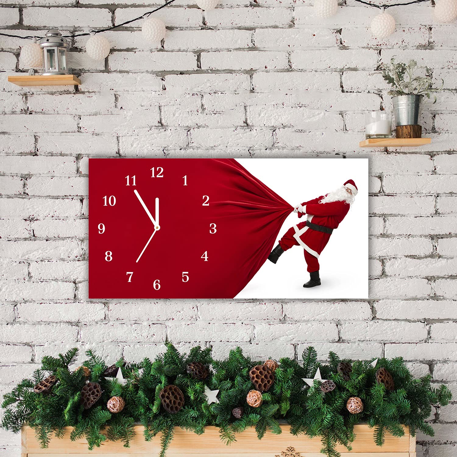Tulup Zegar Świąteczny Na Ścianę Święta Poziomy Prostokatny 60x30cm Białe Wskazówki Prezent Ze Szkła Boże Narodzenie Ścienny Dekoracja Świąteczna Szklany Zegar - Święty Mikołaj