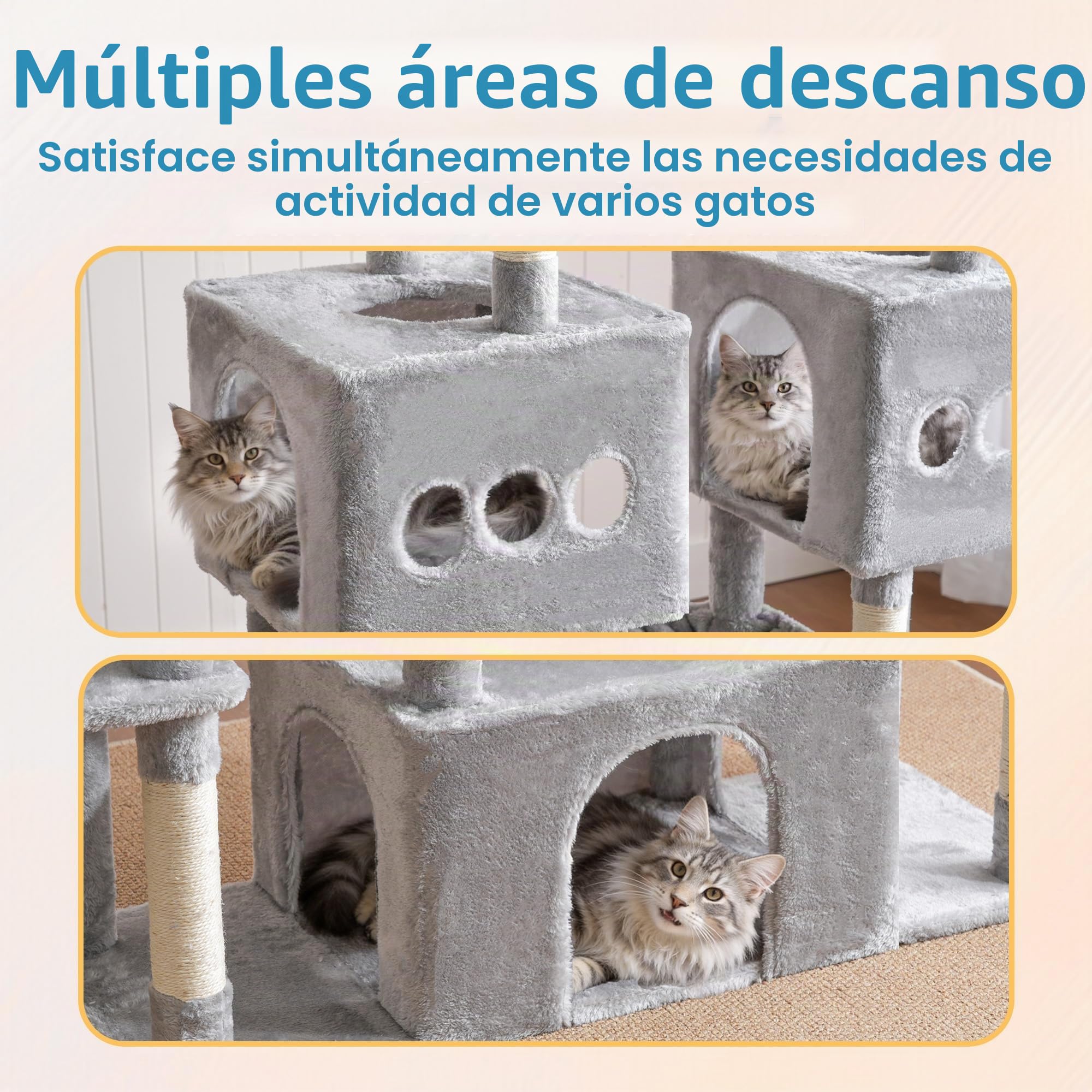 Hey‑brother Rascador para Gatos,con 3 Cuevas Grandes, Hamaca, MPJ083W | 144cm Árbol para Gatos con Plataformas Amplias, Pelota de peluche, para Gatos Grandes de Interior, Gris Claro