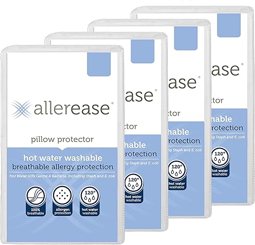 Aller-Ease Protector de almohada lavable con agua caliente, paquete de 4, color blanco, 4 unidades