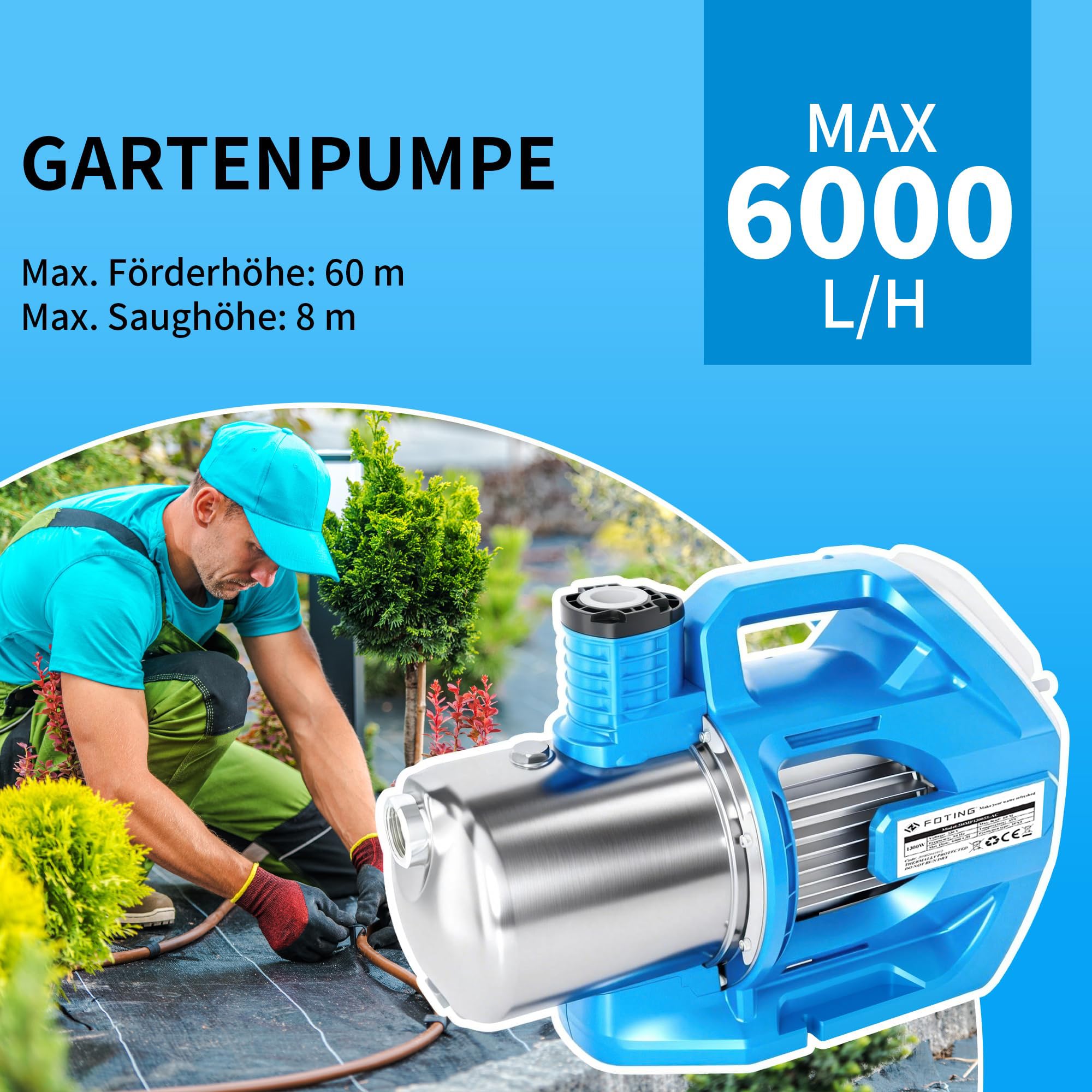 FOTING Gartenpumpe LCD INOX: 1300W, 6.000 l/h, 60 m Förderhöhe, 6 bar Druck, LC-Display mit Timer + Einstellbarer Startdruck‌, Überhitzungsschutz, Ansaughöhe: max. 8 m, Edelstahl-Gehäuse