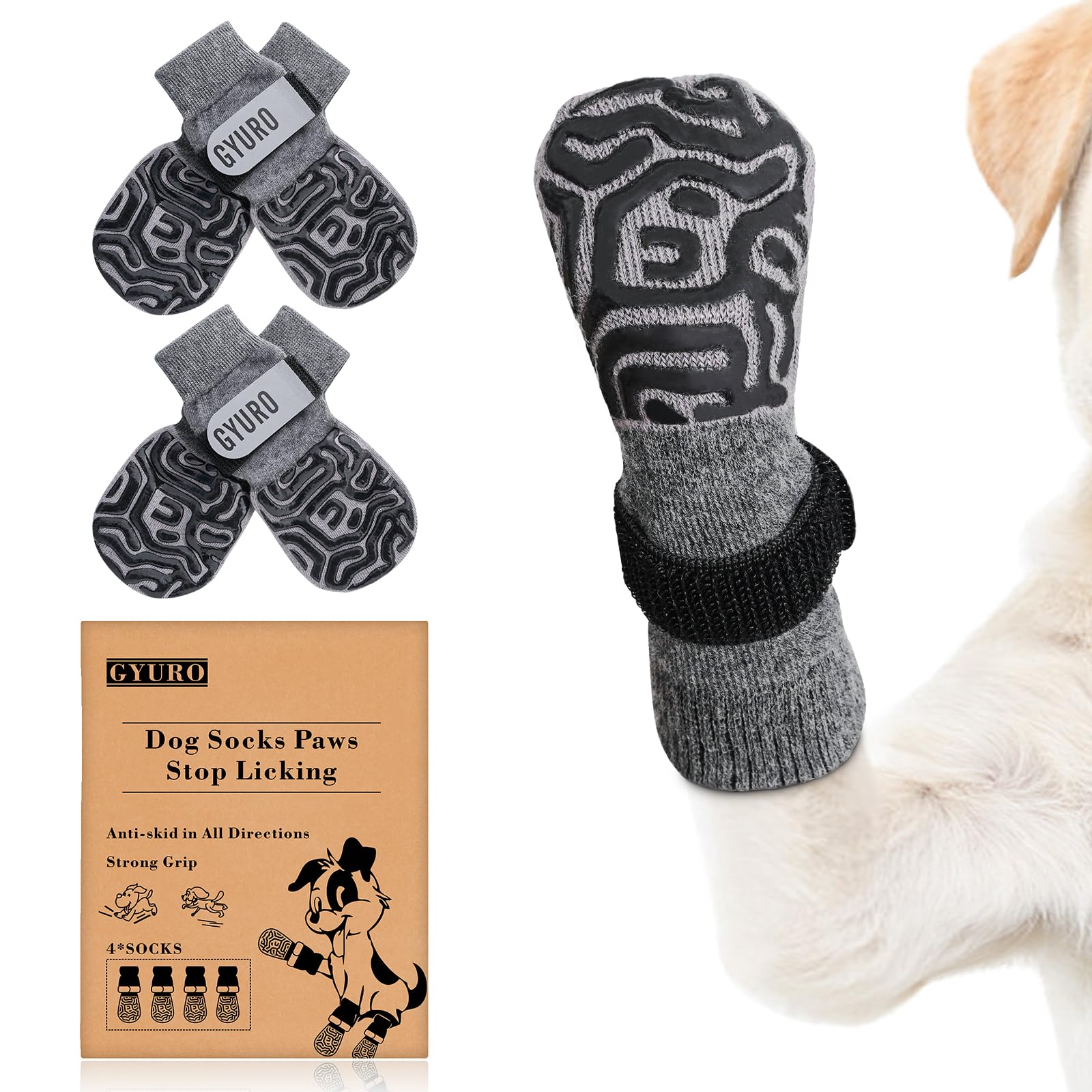 GYURO 2 Paar rutschfeste Hundesocken mit weichem Pfotenschutz und verstellbarem Klettverschluss für den Innenbereich (Grau, XS)