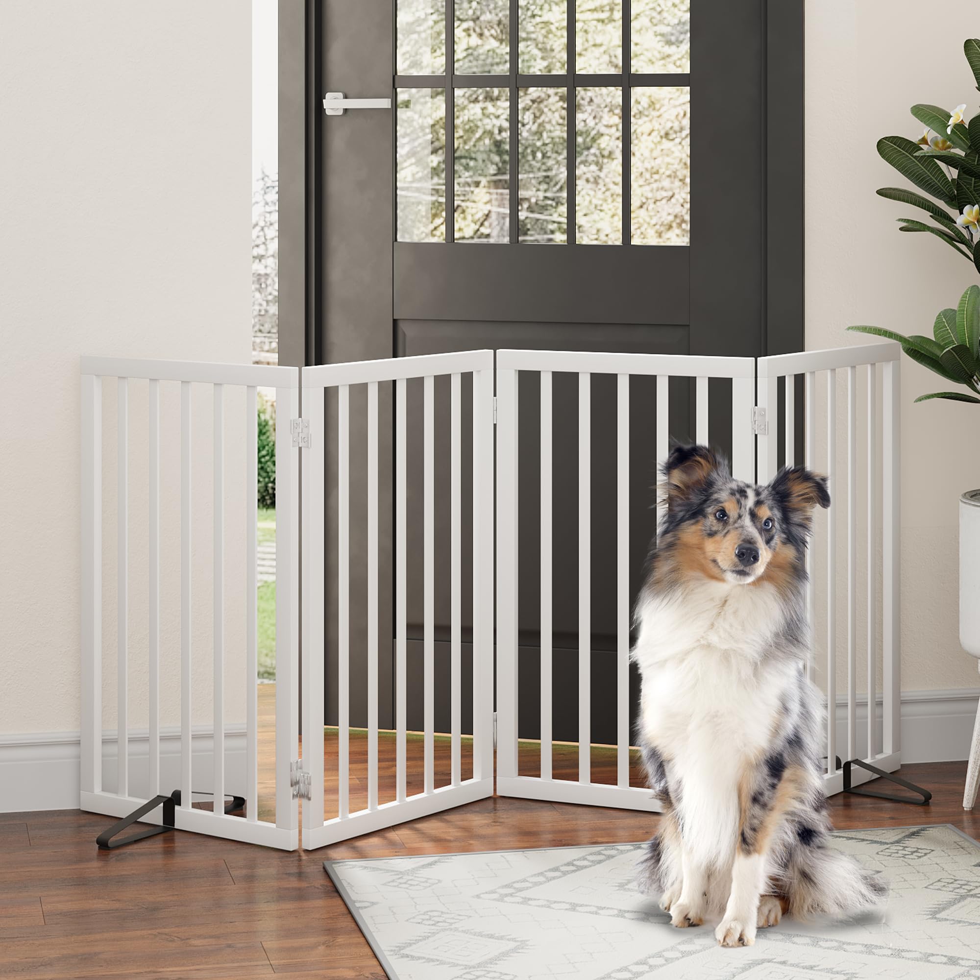 Hundegitter freistehend faltbar 4 Paneele Metallstützfüße Raumteiler Weiß