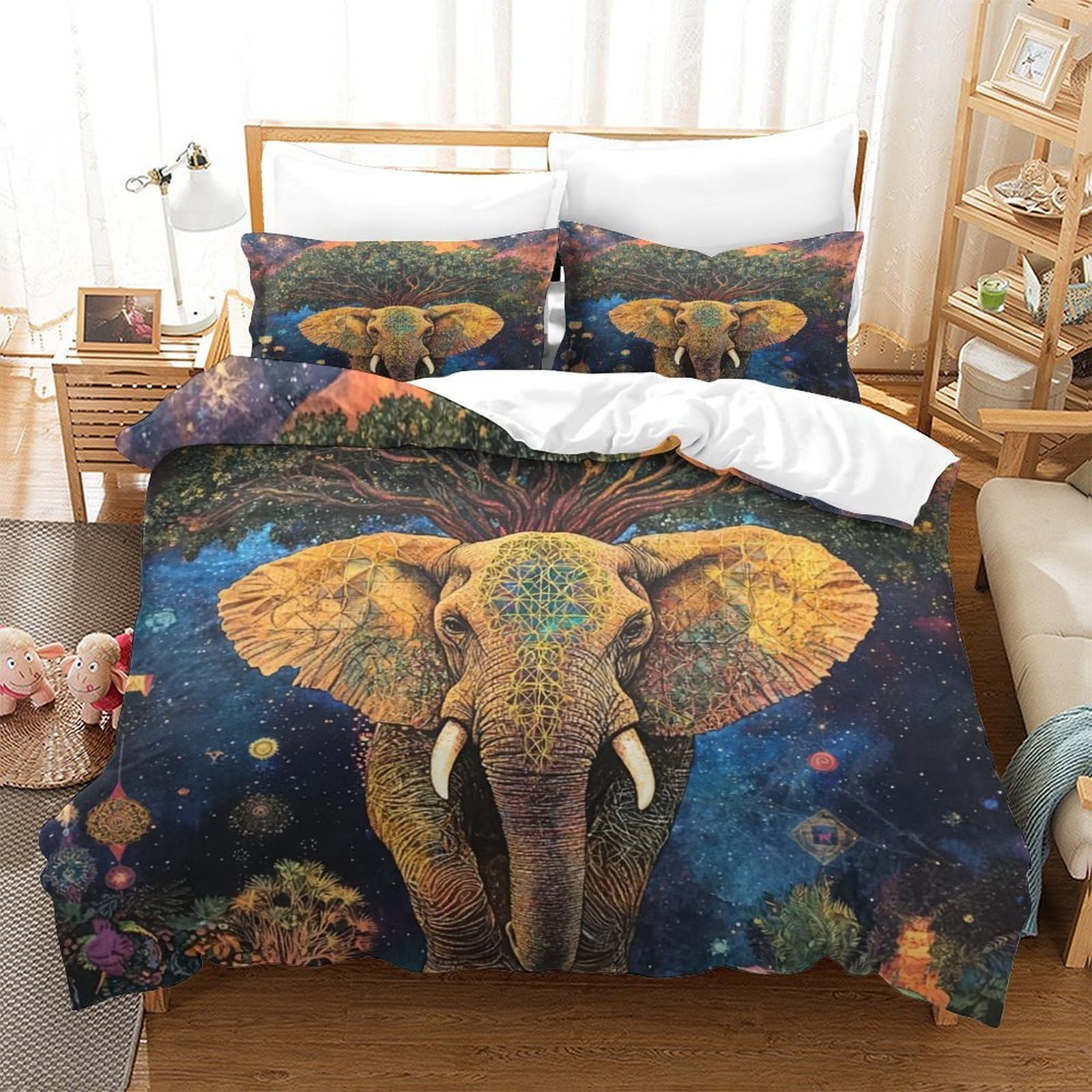 Parure de lit éléphant 3D housse de couette 220x240 en microfibre avec taie d'oreiller chambre ado