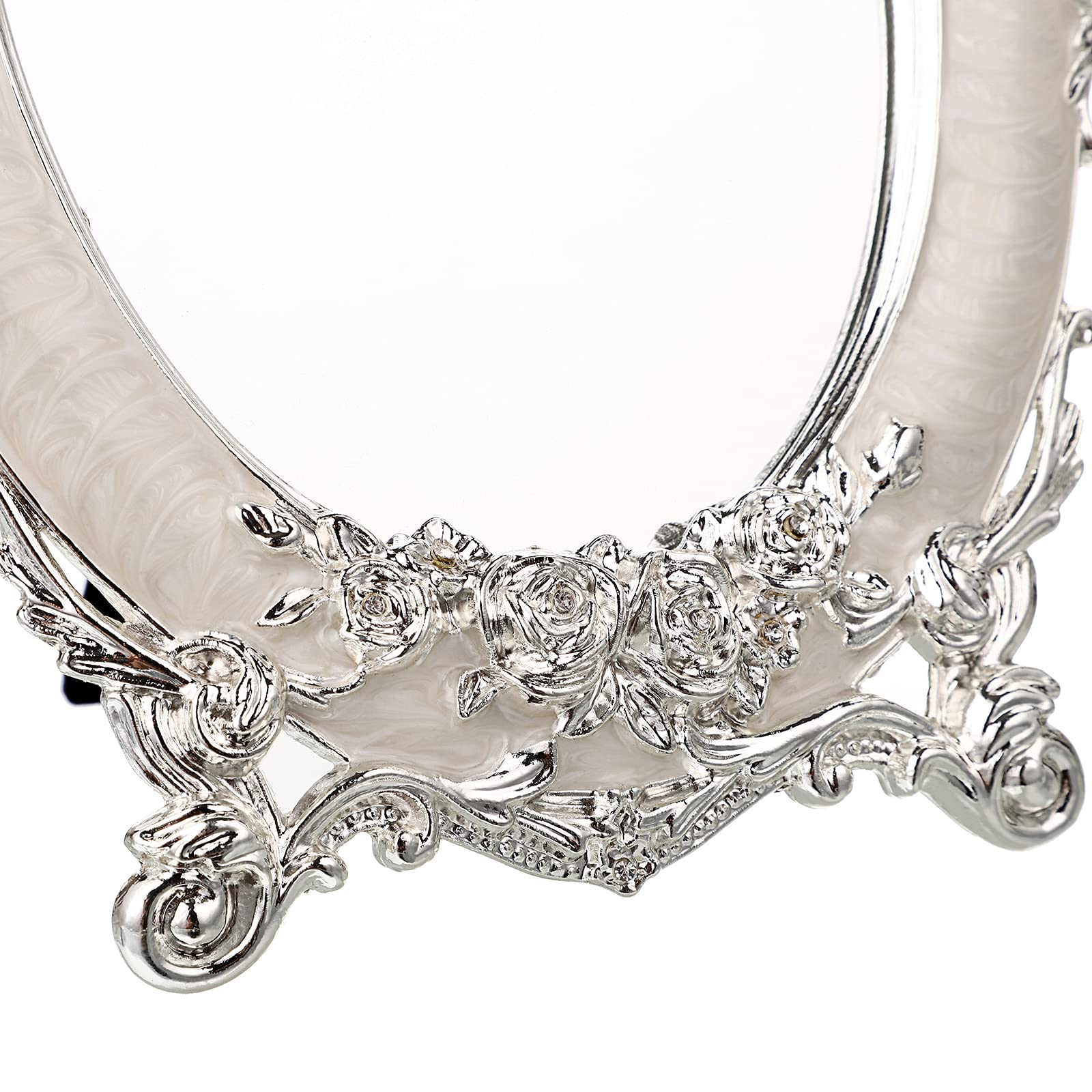 Espejo de tocador pequeño de mesa, espejo de escritorio de metal vintage con soporte, rosas antiguas en relieve, espejo de maquillaje, espejo retro ovalado decorativo para centros de mesa 4