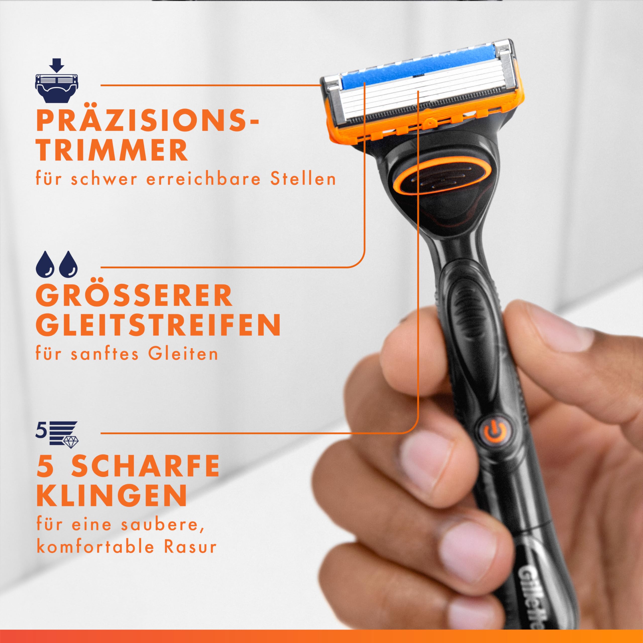Gillette Fusion 5 Power Klingen Herren, 8 Original Rasierklingen, Orange | Für Nassrasierer mit Größerem Gleitstreifen für Ein Sanftes Gleiten Und für Eine Unglaublich Gründliche Und Komfortable Rasur