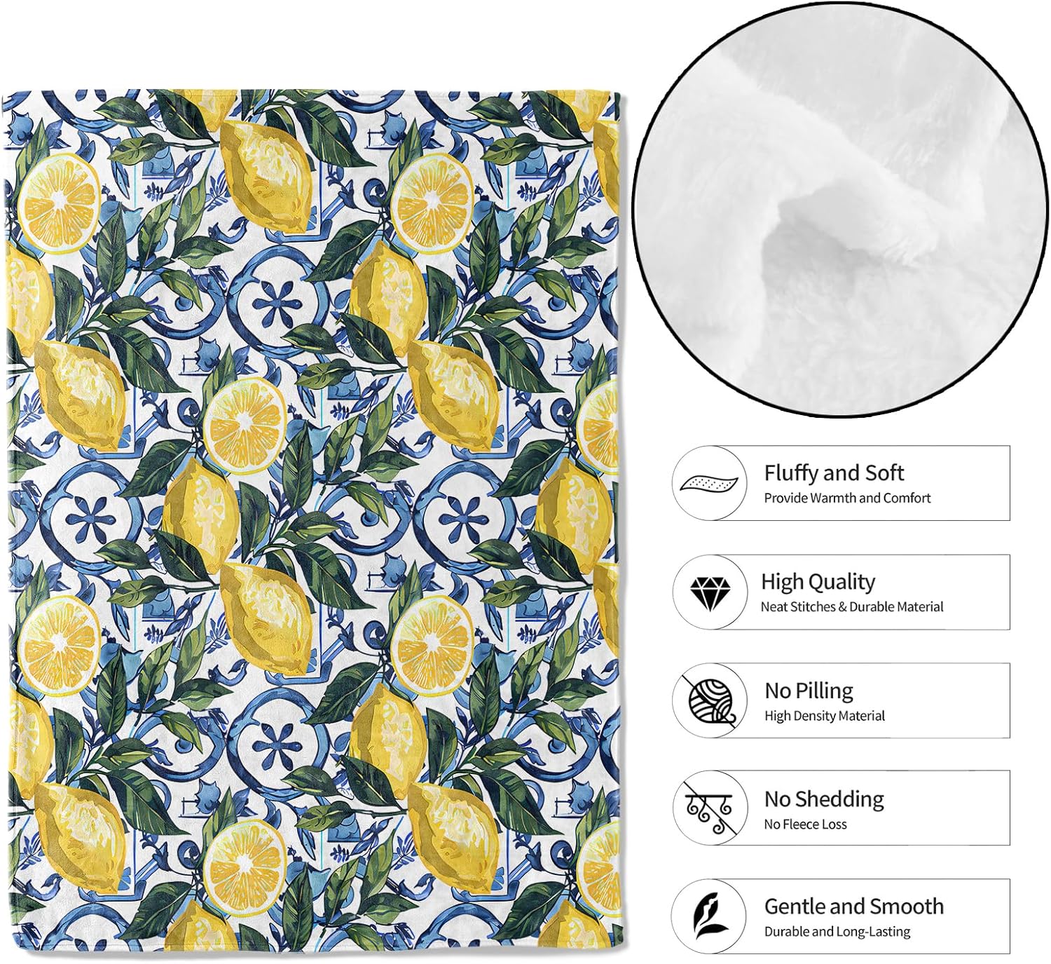 Lemon Fresh Throw Blanket,50x60in,Soft,Lightweight Flannel,Blue Tile and Leaf Fruit Blankets - Gifts for Kids Adult & Food Lovers,for Couch Office Travel,Home Living Room Decor - Image 2
