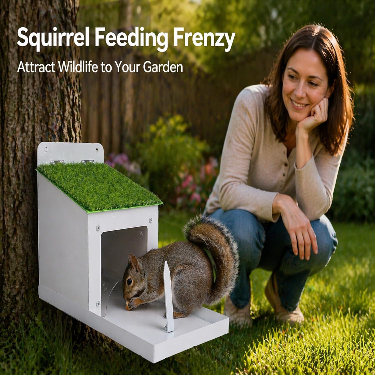 Squirrel Feeder with Corn Cob Holder, Wall Mounted Metal Outdoor Feeder for Backyard Garden - Sturdy Iron Construction, Easy Installation, Rainproof Lid
