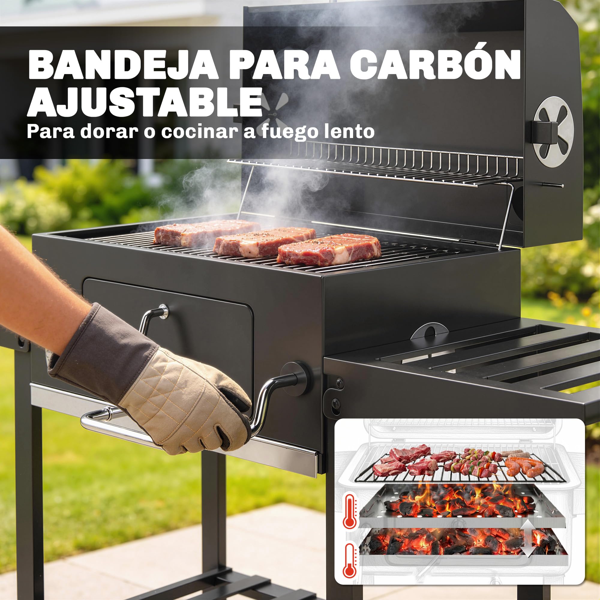 Outsunny Barbacoa de Carbón Portátil, Bandeja Ajustable, Tapa, Negro | Estantes Plegables, Termómetro, Chimenea, Ventilaciones, Cajón de Cenizas, Ruedas