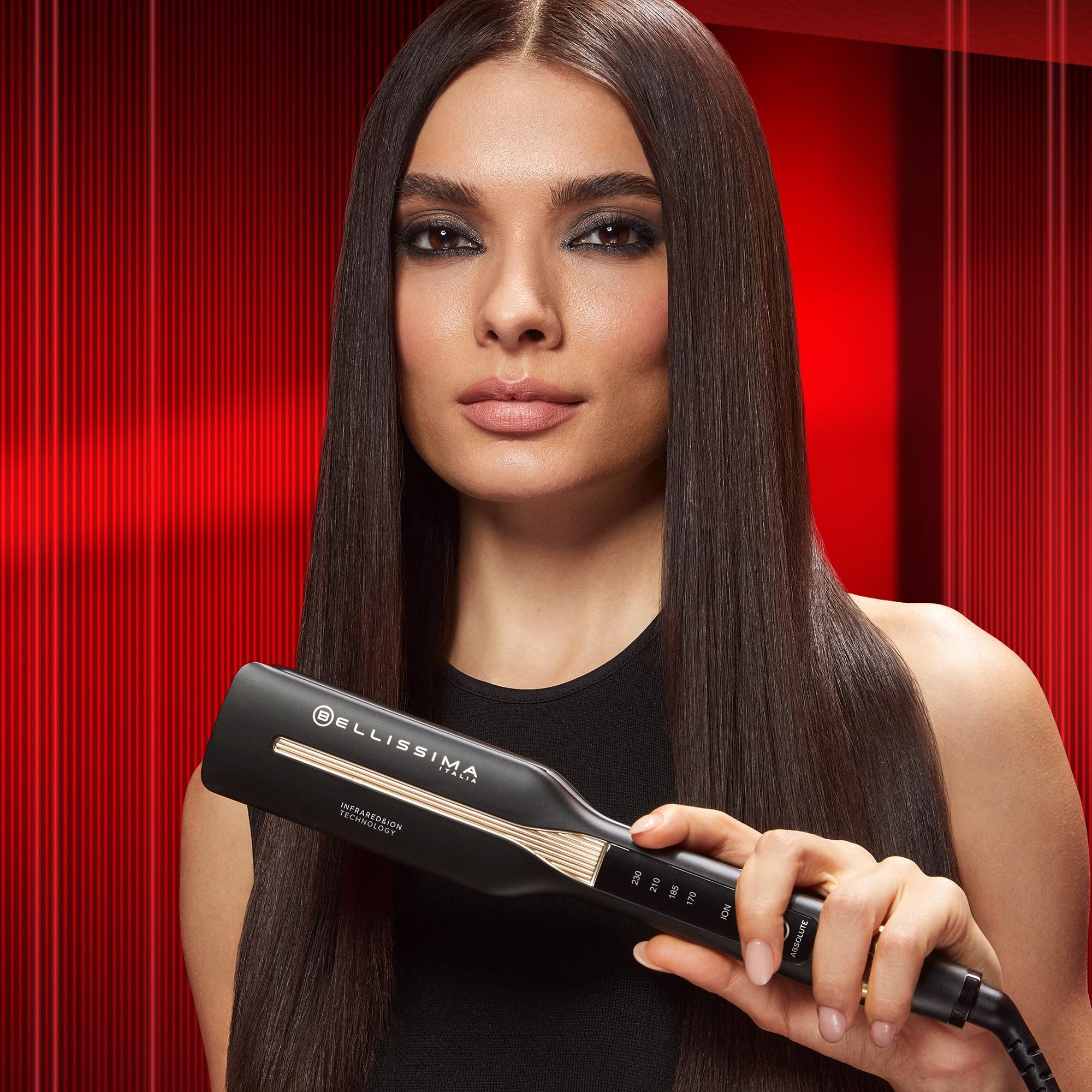 Bellissima Imetec Absolute, Piastra per capelli professionale con piastre 4XL, Infrarossi e tecnologia a ioni, Controllo del calore, Rivestimento in ceramica e cheratina, 4 Temperature, Beauty bag