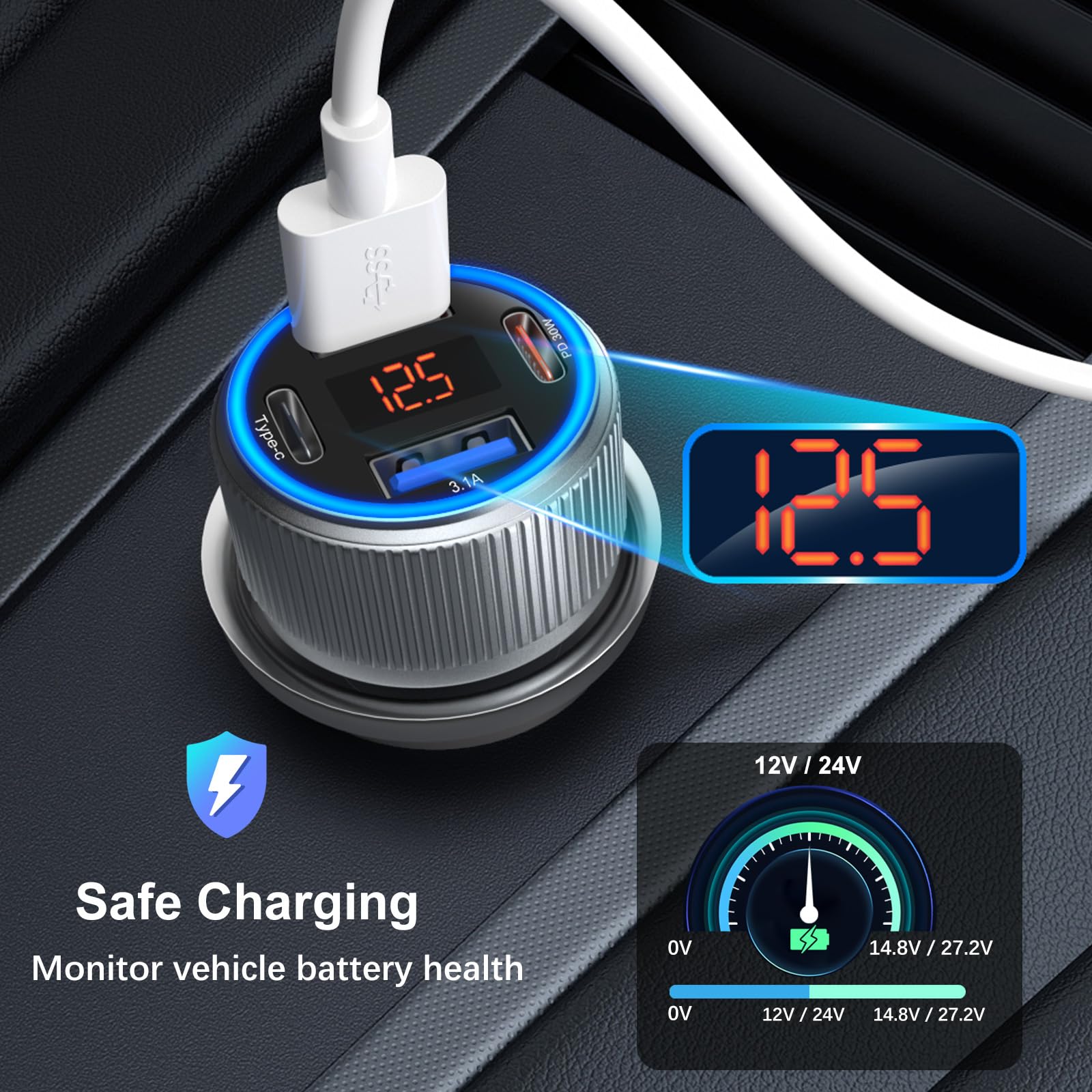Costyle - Cargador de coche USB C de 65 W, cargador de coche dual USB C y USB A QC+PD 3.0 de carga rápida para encendedor de cigarrillos (gris)