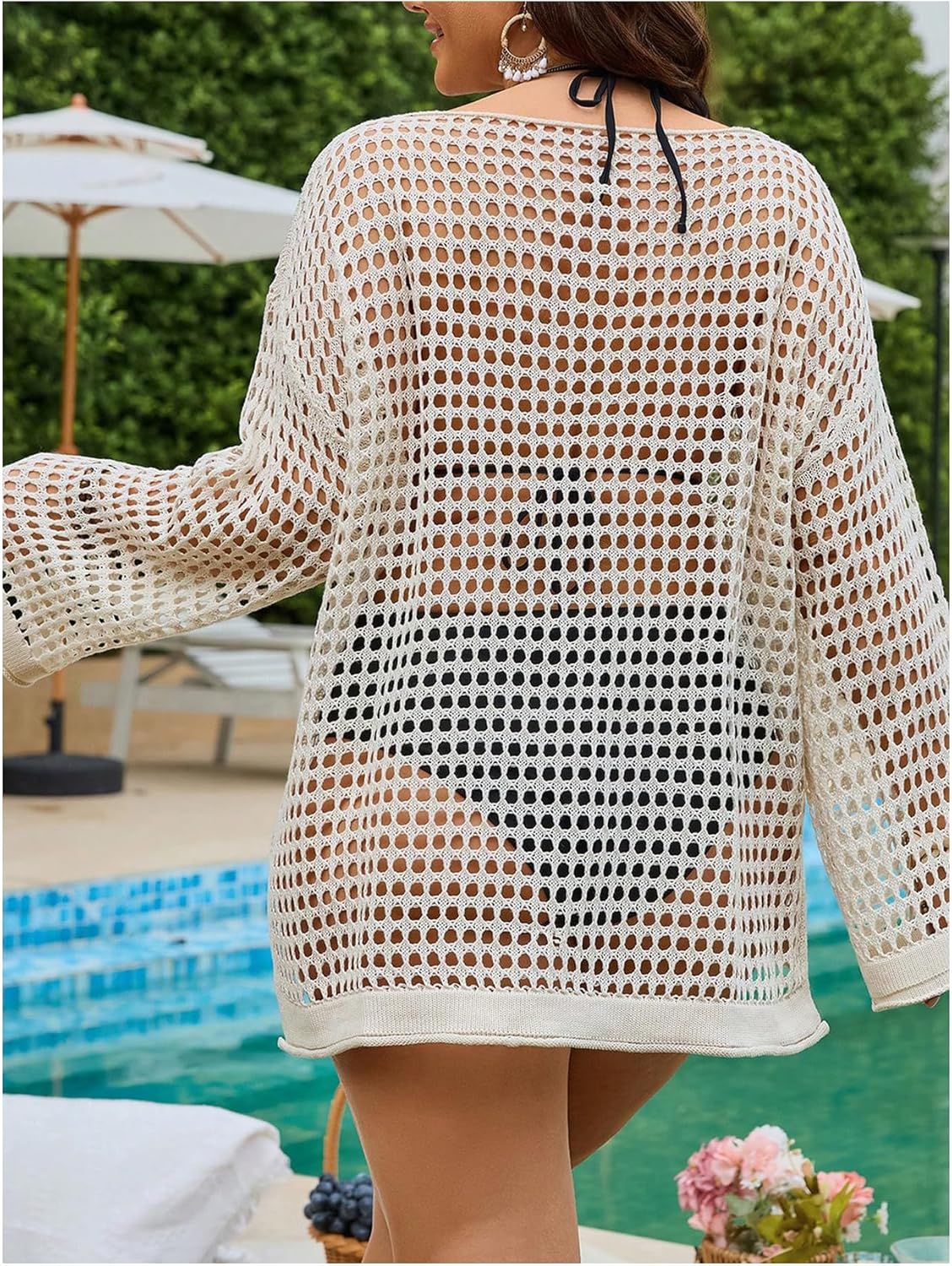 Floerns Women's Plus Size Hollow Out Crochet Cover Ups Long Sleeve Beach Tops Swimwear - Image 3