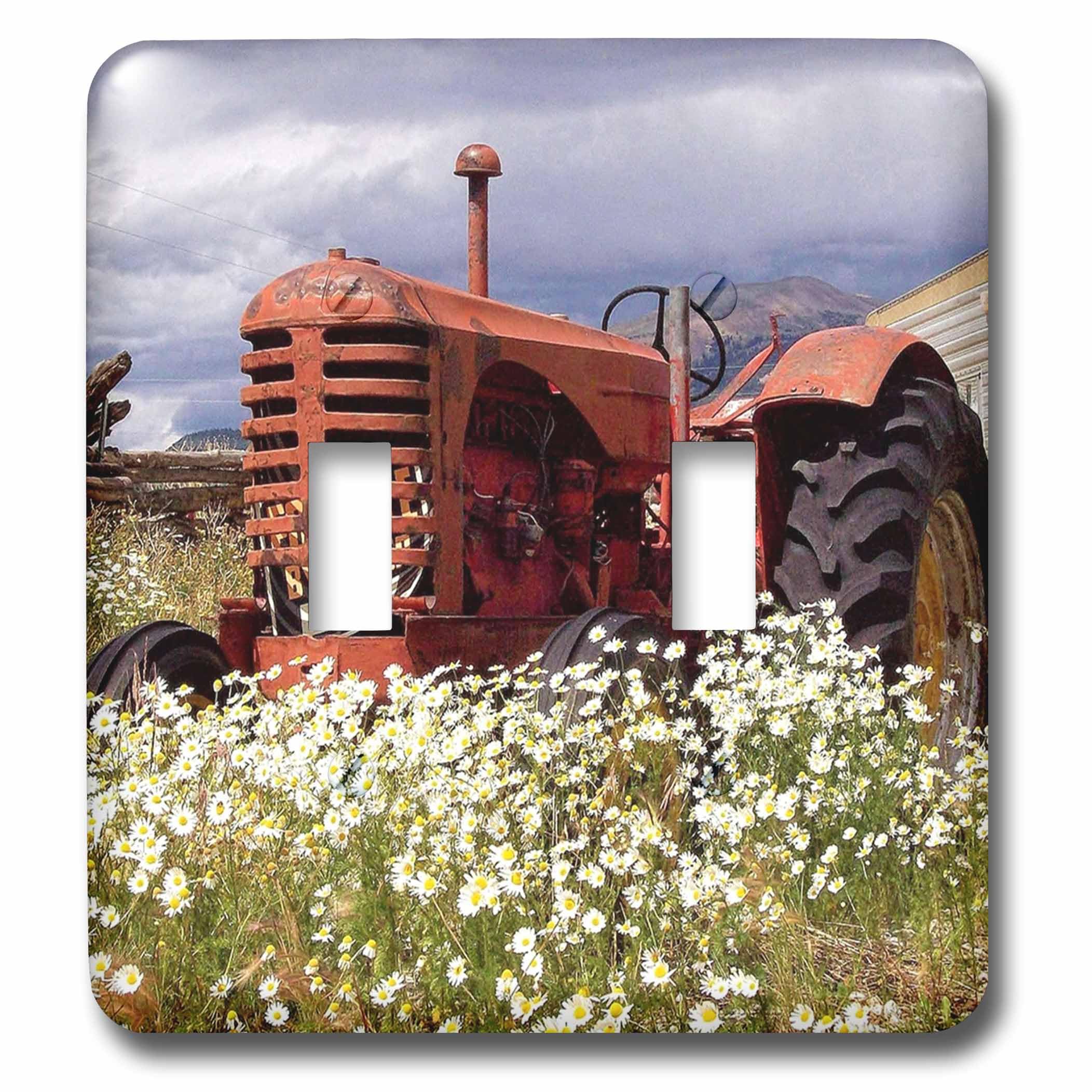 Tracteur vintage fleurs sauvages double interrupteur bascule décoration murale rétro multicolore