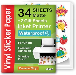 Premium Printable Vinyl Sticker Paper for Inkjet Printer - 34 Sheets Self-Adhesive Sheets Matte White Waterproof, Dries Quickly Vivid Colors, Holds Ink Well - Tear Resistant
