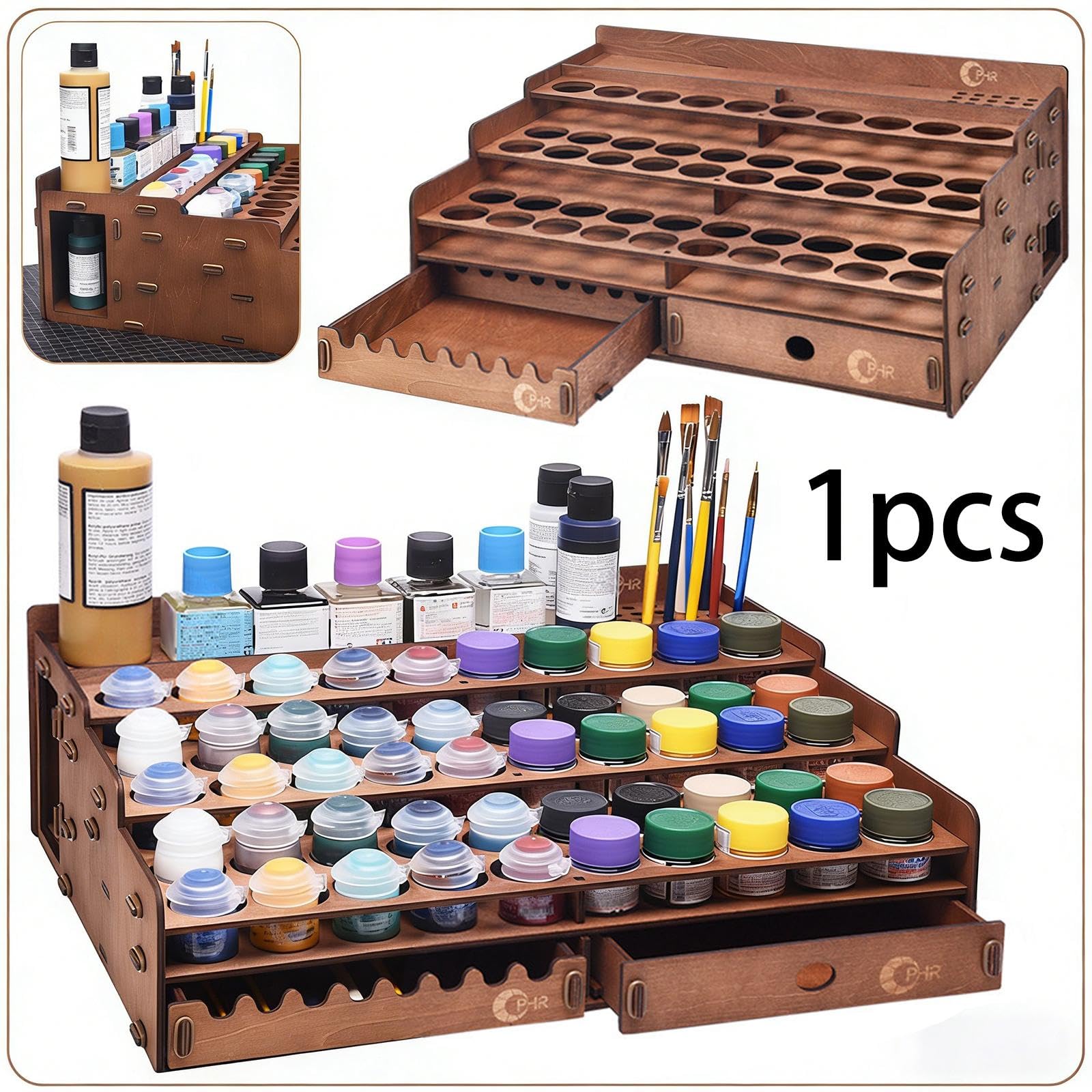 Accessoires pour peinture : support en bois avec porte-pinceaux décoratif, grande capacité, idéal pour les artistes et, 50 Trous