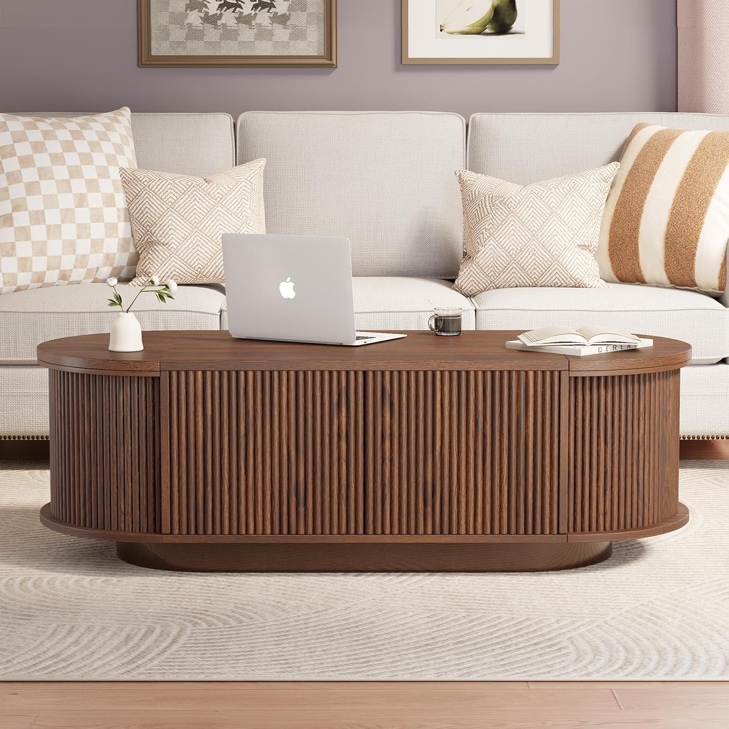 HSH Oval Coffee Table with Storage, 47” Modern Coffee Table with Press Type Door, Fluted Living Room Tables with 2 Flip-Top Hidden Lids, Wood Center Table for Living Room, Office, Walnut