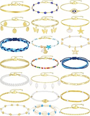21PCS Gold Ankle Bracelets for Women, Boho Shell Bead Cuban Link Chain Waterproof Gold Anklets Set, Adjustable Layered Anklets for Women Beach Jewelry Gift