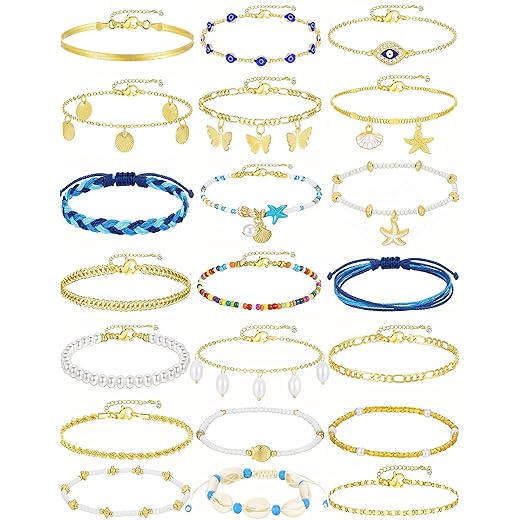 21PCS Gold Ankle Bracelets for Women, Boho Shell Bead Cuban Link Chain Waterproof Gold Anklets Set, Adjustable Layered Anklets for Women Beach Jewelry Gift