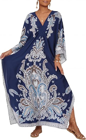 Bsubseach Kaftan Dresses for Women Ethnic Print Batwing Sleeve Paisley Caftan Moo Moos Dress Beach Cover Up Maxi Loungewear