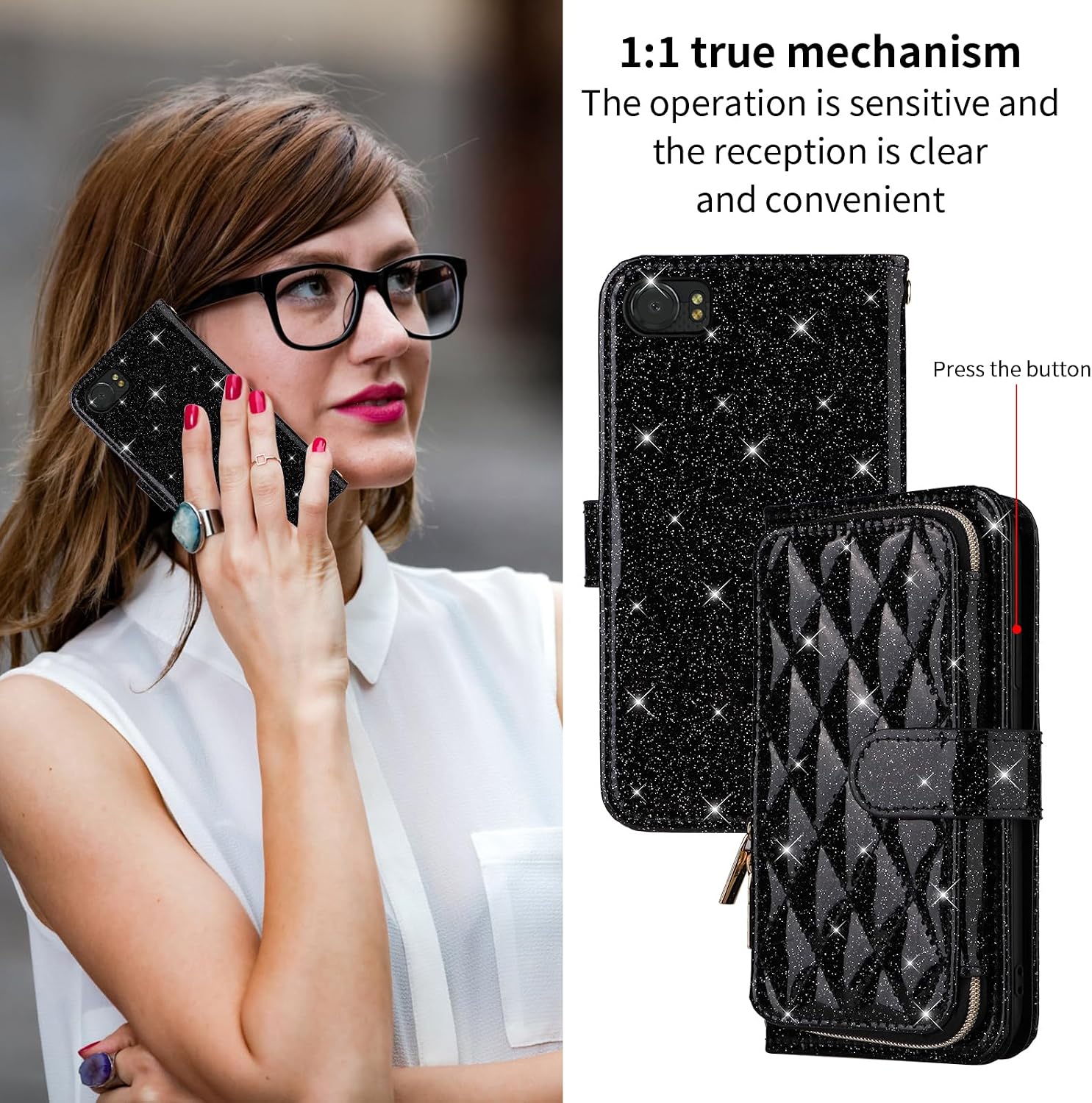 Wallet Case for BlackBerry KEYone with Wrist Strap Crossbody Shoulder Strap Luxury PU Leather 9+ Card Slots Zipper Purse Stand Accessories Phone Cover for KEY1 Key 1 One BBB100-1 Girls Black image 4